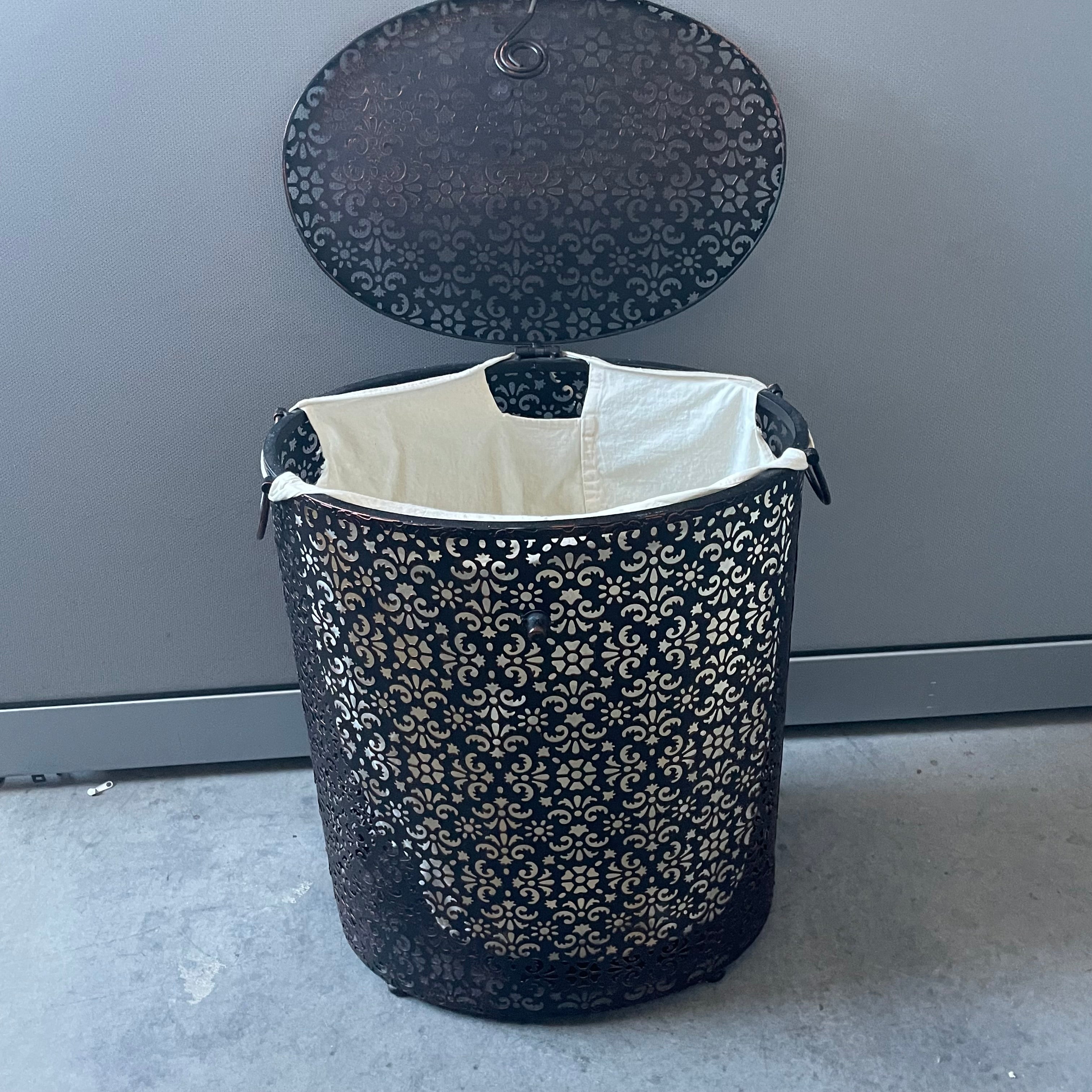 Mathiew Mategot Style Perforated Metal Ornate Design Lidded Hamper/End Table, 16"x 11"x 20.5"