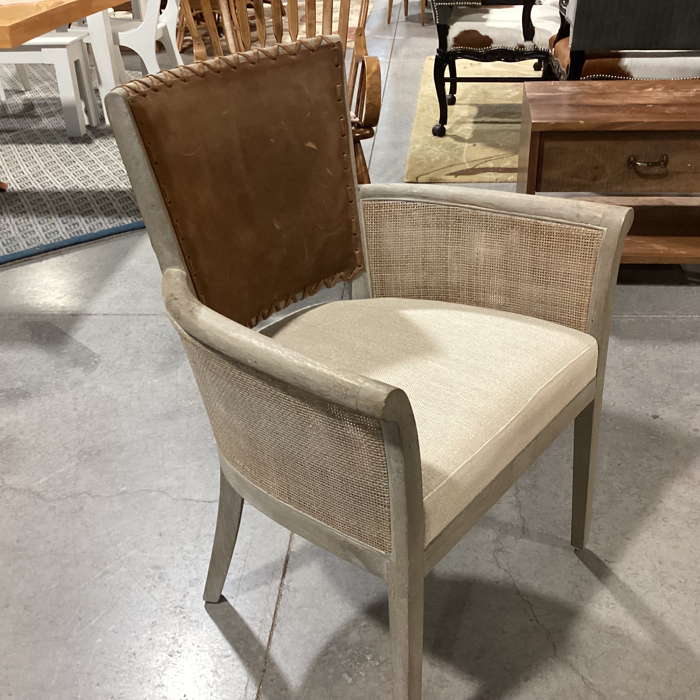 Washed Grey Wood Woven Sides Leather Back Linen Seat Chair 26"x 23"x 35"