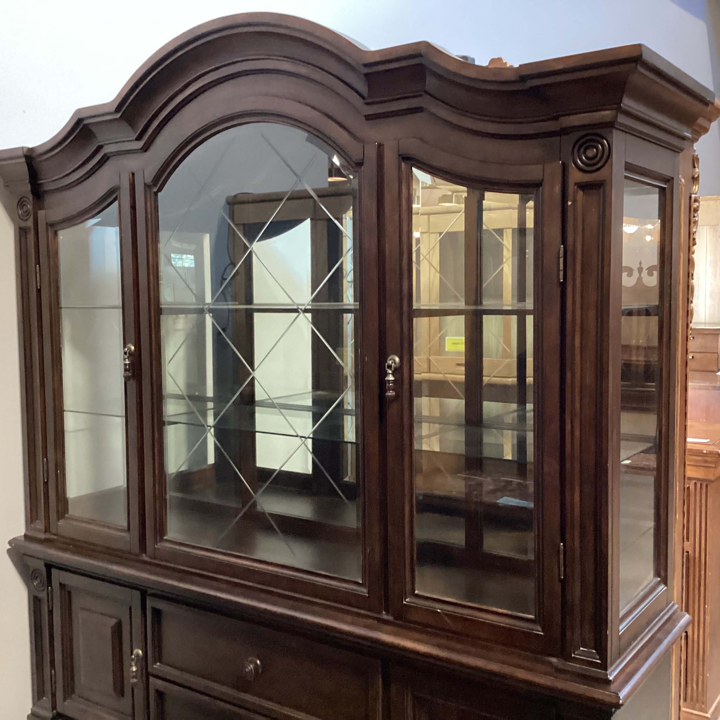 Dark Finish Wood & Glass 5 Drawer 4 Door 2 Piece China Hutch 69"x 18"x 88"