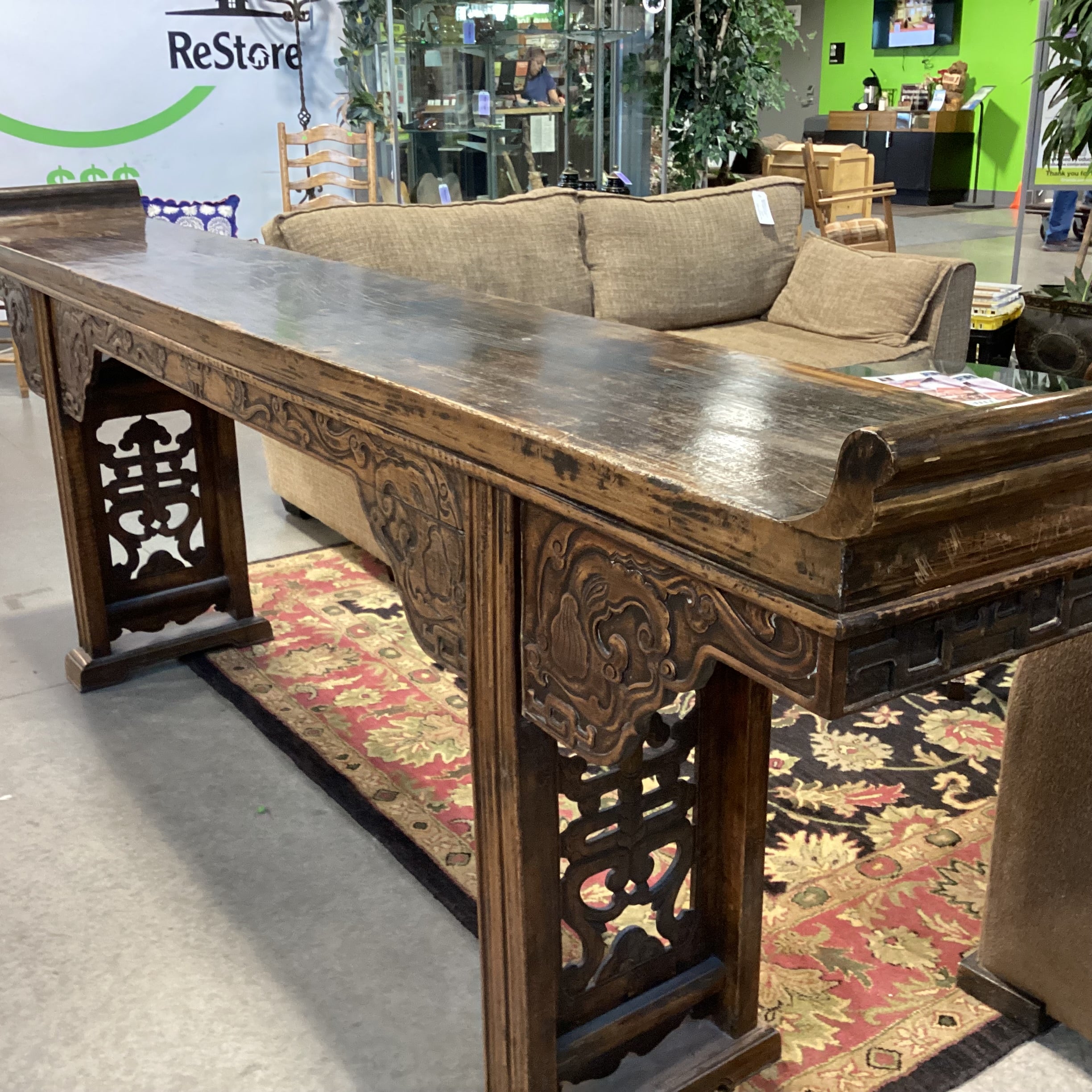 Antique Asian Ornate Carved Wood Console Sofa Table 106"x 16"x 40"