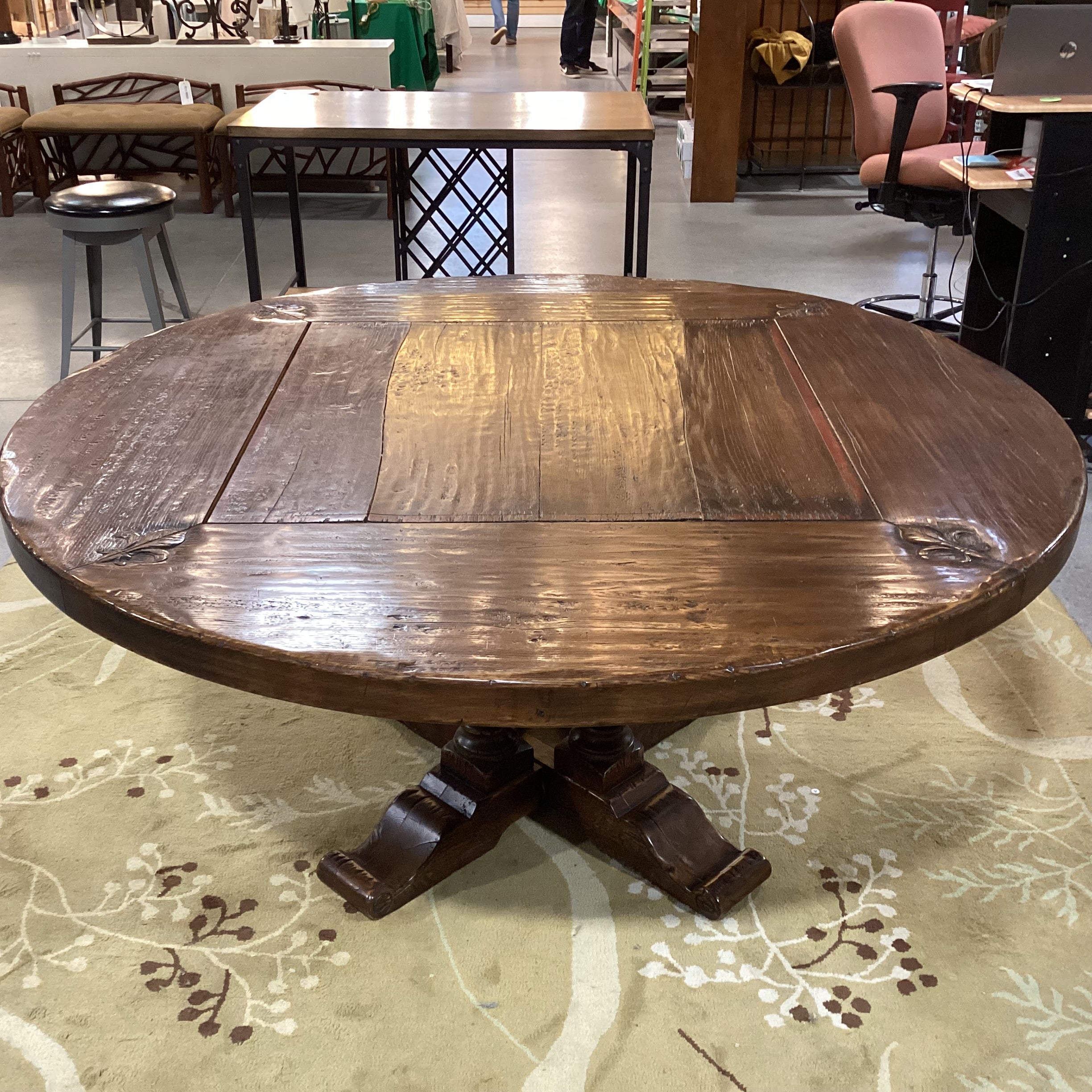 Distressed Solid Wood Finish with Carved Fleur De Lis  Detail Round Dining Table 66" Diameter x 30.5"