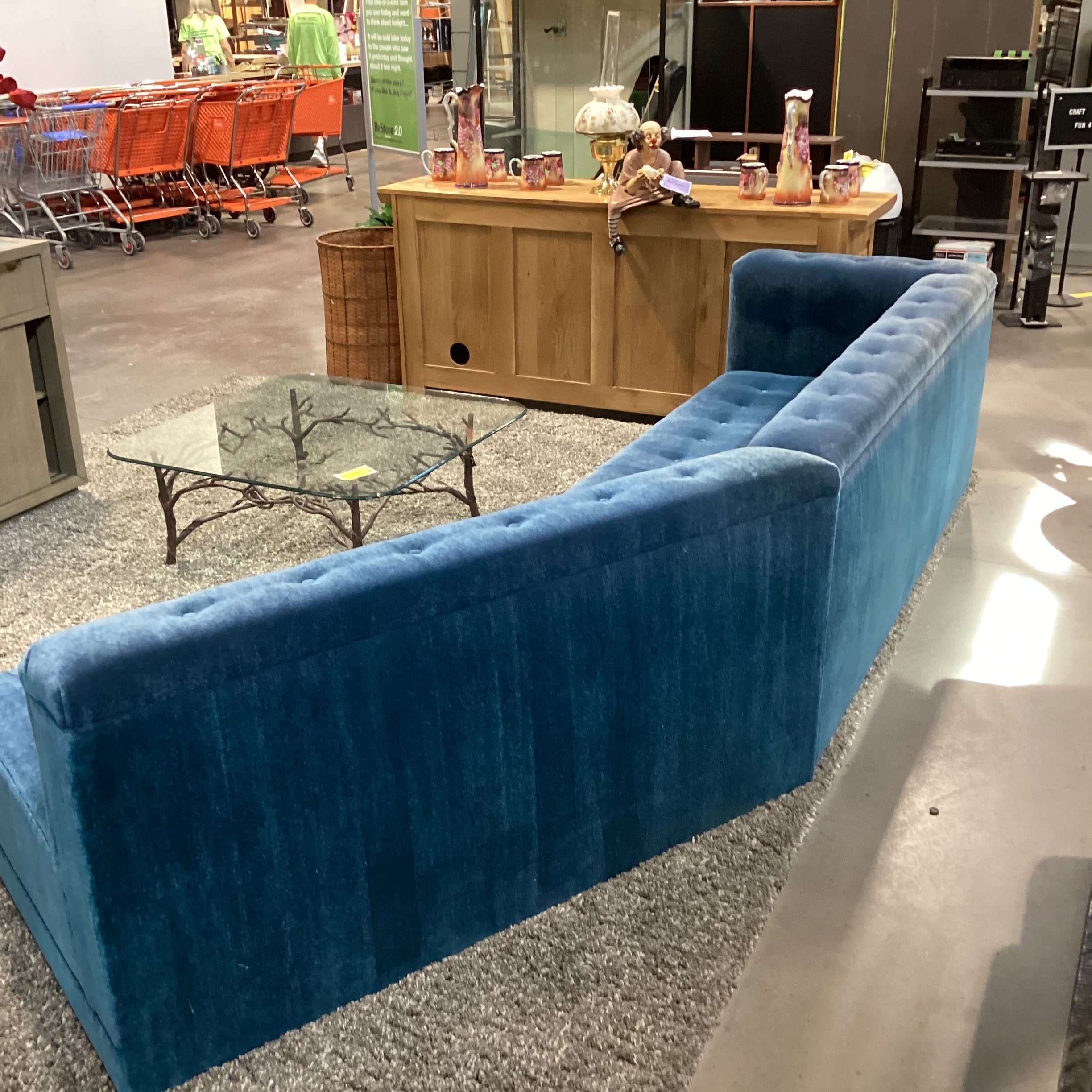 Custom Blue Teal Mohair with Button Tufting 2 Piece Angled Sectional 142"x 35"x 32"