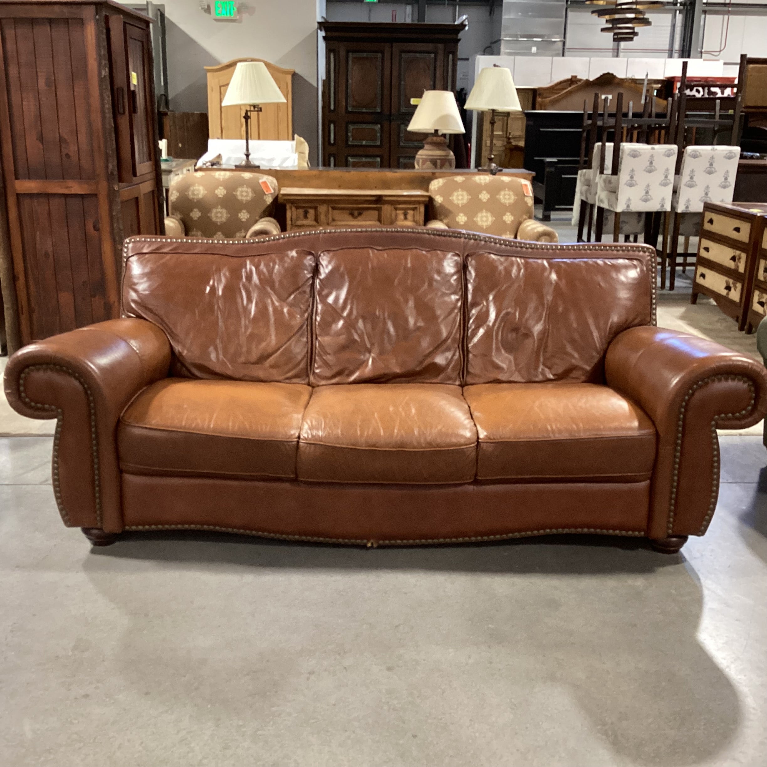Brown Leather Nailhead Sofa 92"x 39"x 37"