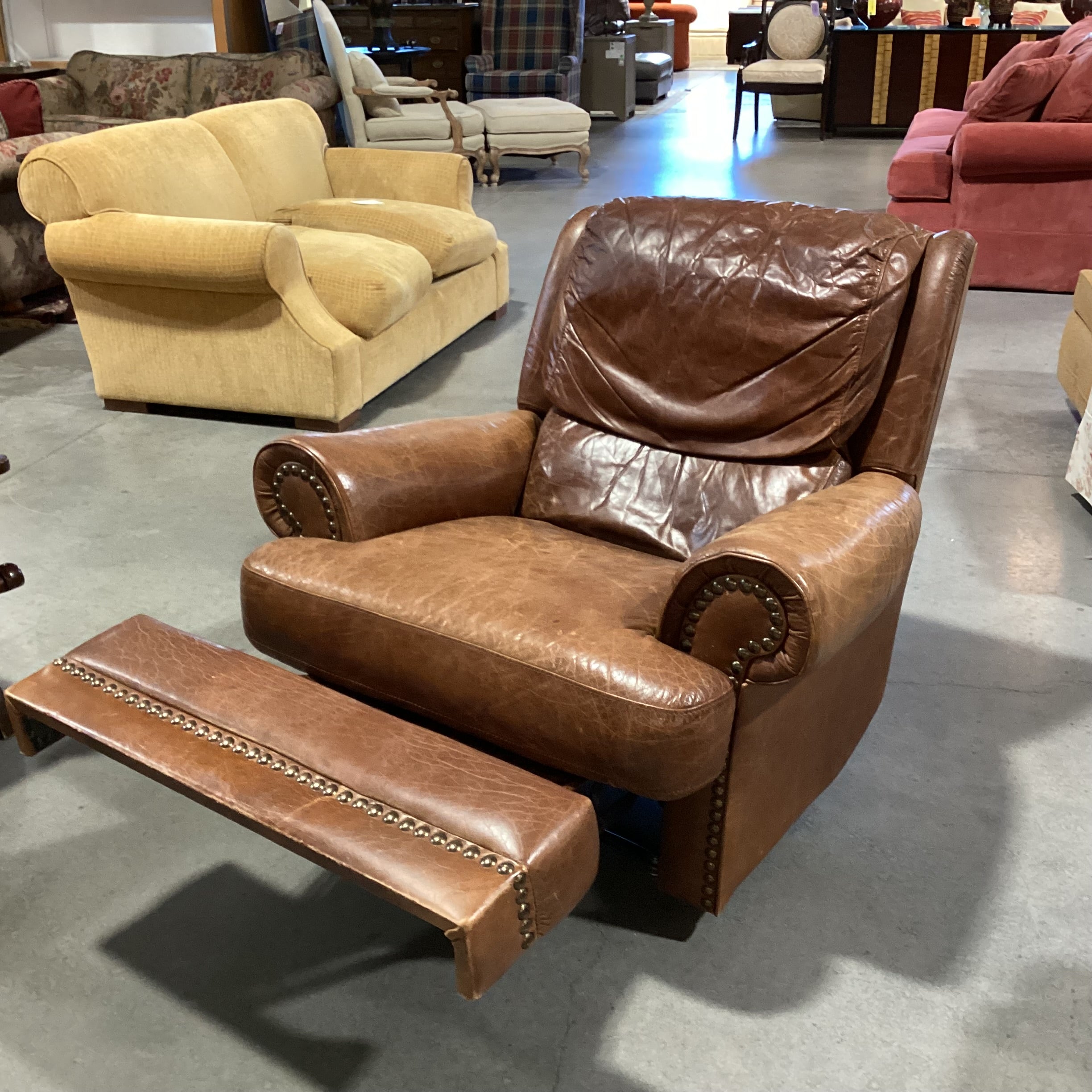 Vintage Leather Nailhead Recliner Chair 40"x 35"x 36"