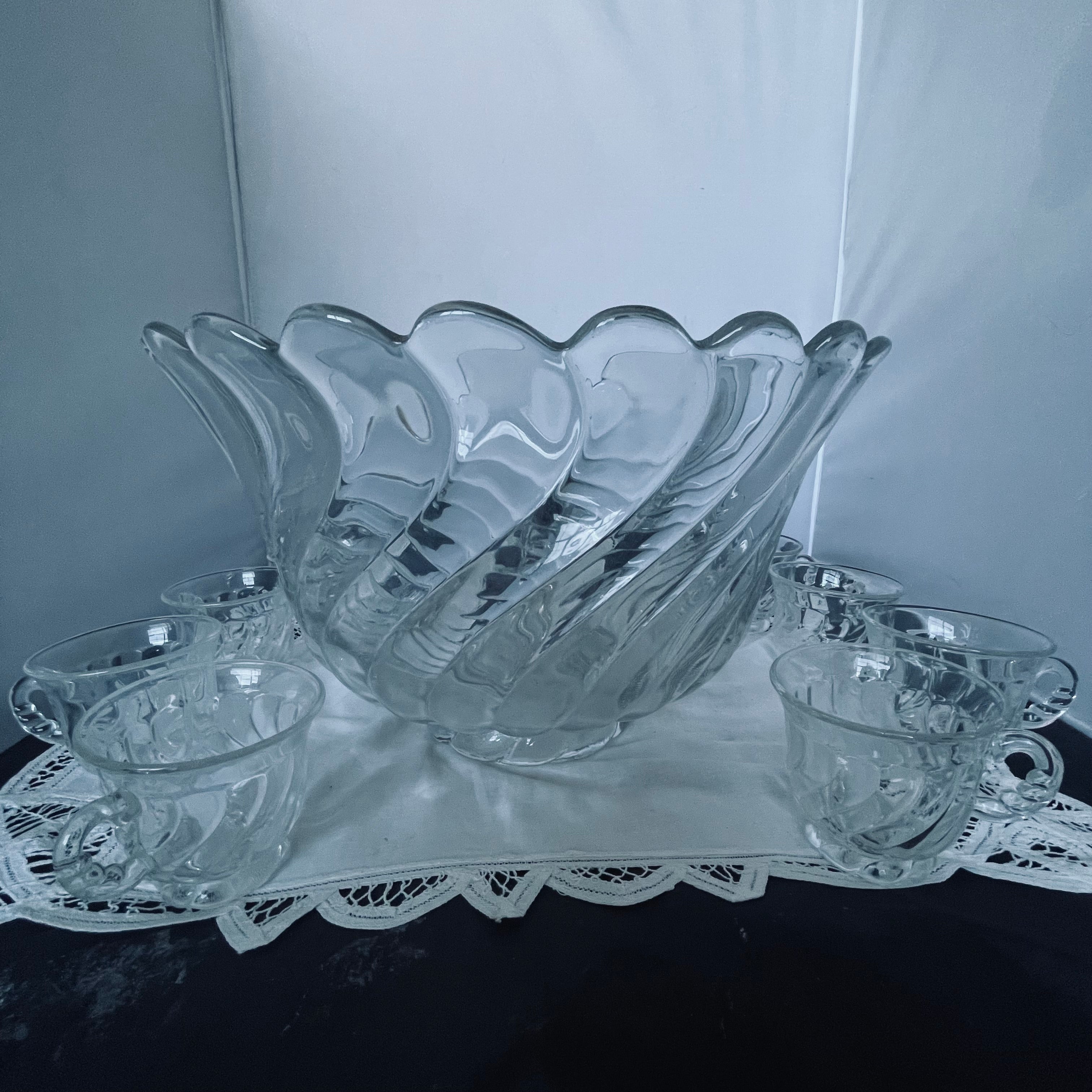 Set of 11 Pieces Rare Fostoria Colony Crystal Footed Punch Bowl with 10 Cups