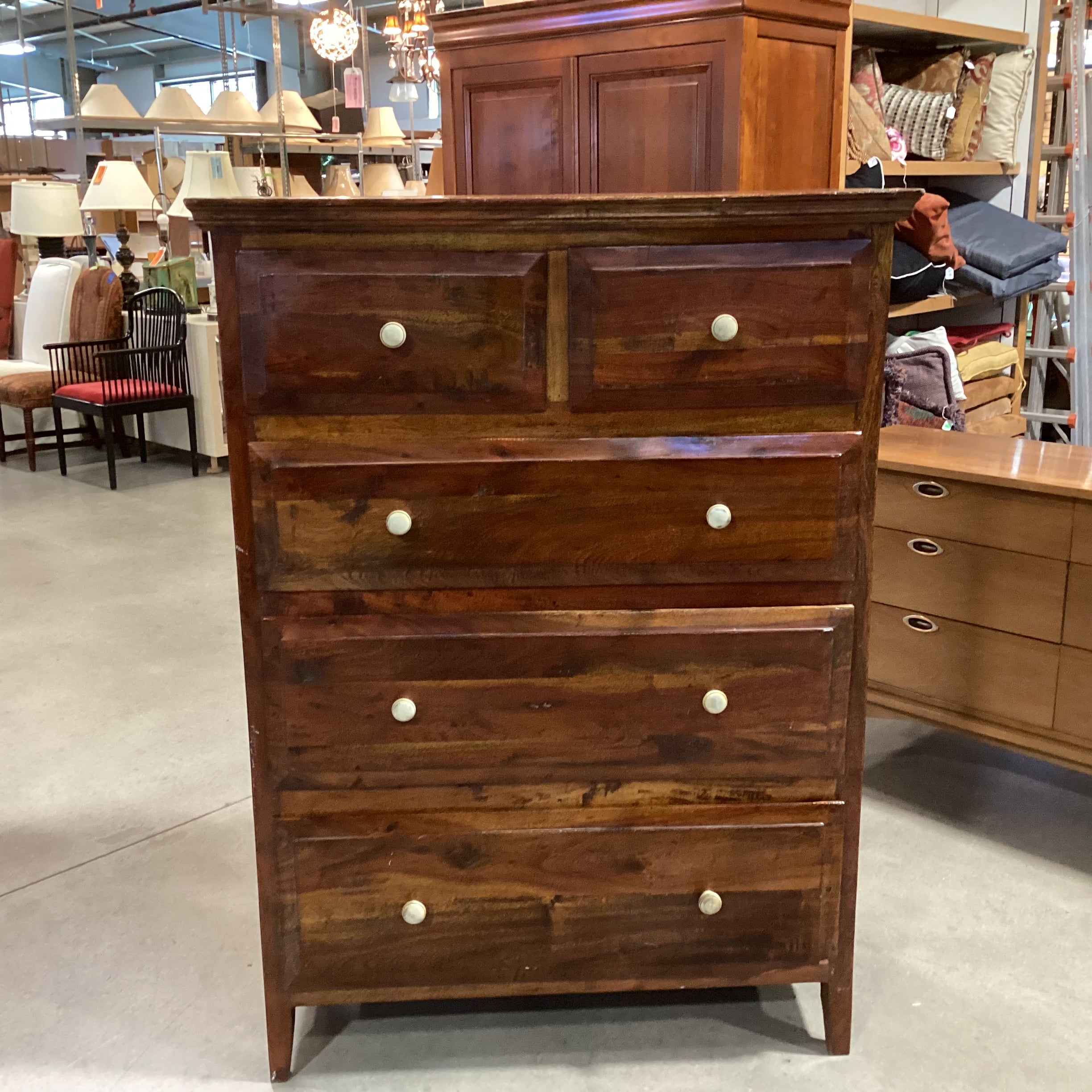 Solid Distressed Red Tone Finished Wood 5 Drawer Chest 39.5"x 21.5"x 54.5"