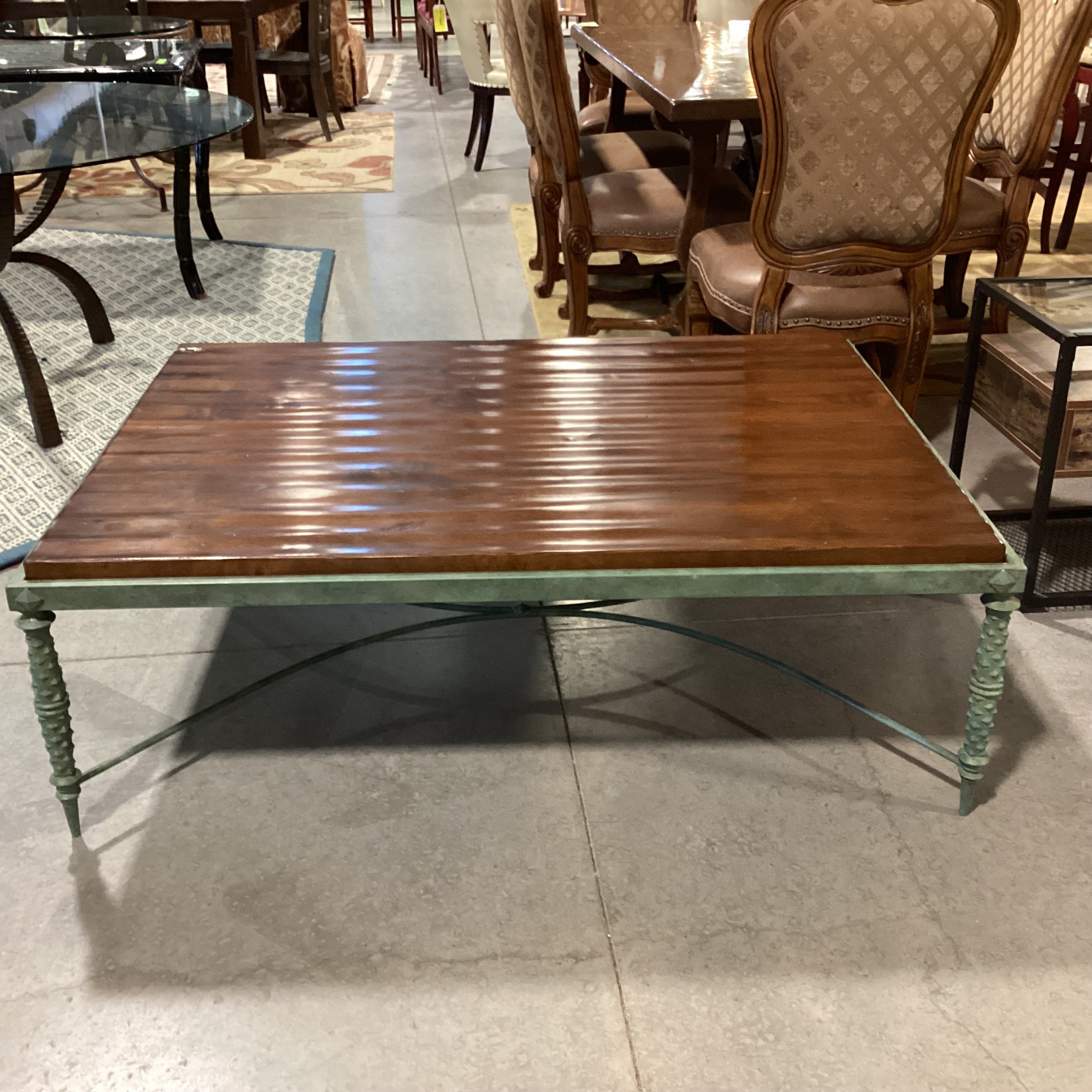 Solid Distressed Finished Plank Top & Verdigris Iron Base Coffee Table 54"x 40"x 18"