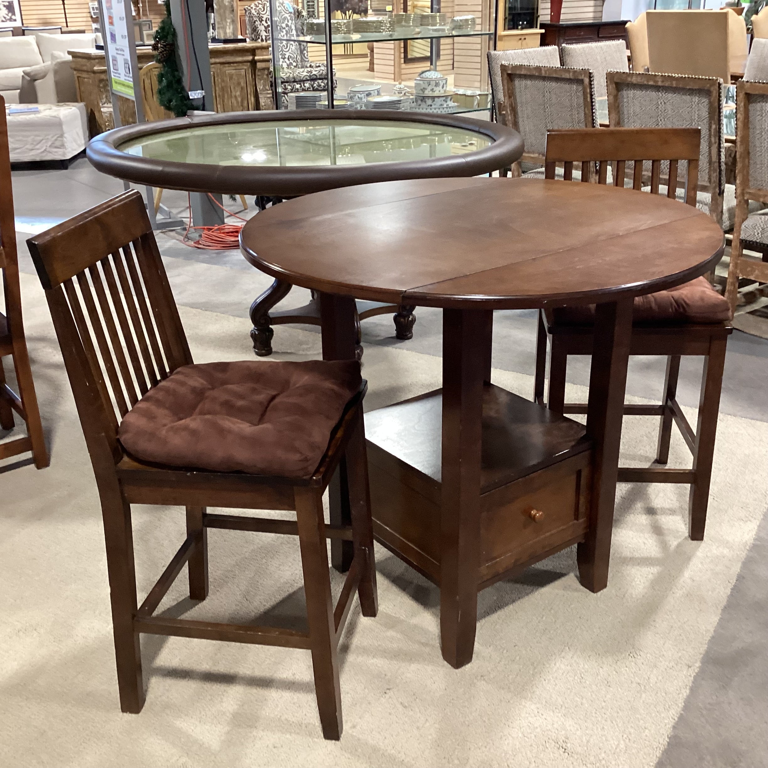 Finished Wood Round with Drop Sides & 1 Drawer Pub Height Table with 2 Barstools Dining Set 40" Diameter x 36"