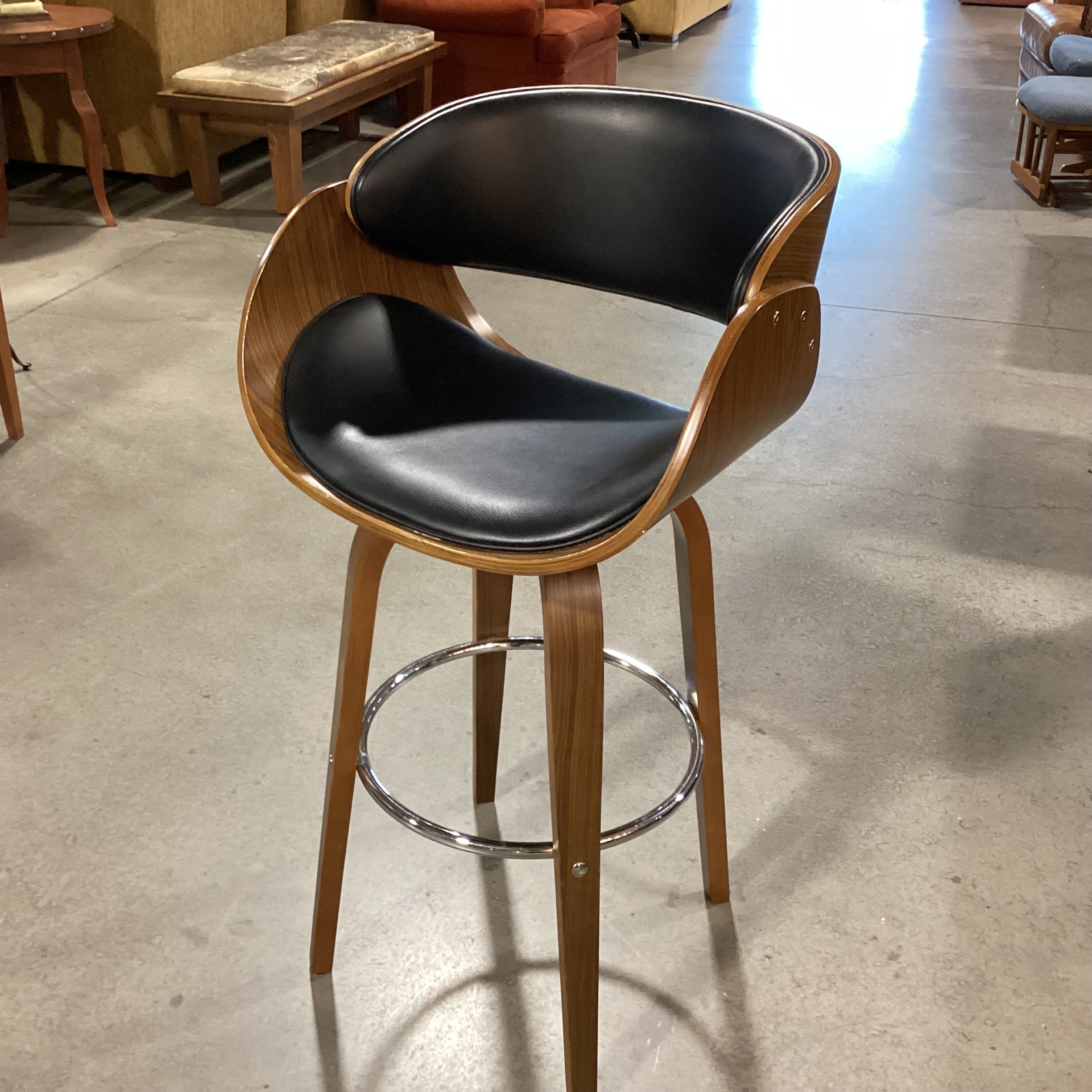 Mid Century Style Pressed Wood & Faux Black Leather Swivel Barstool 30"