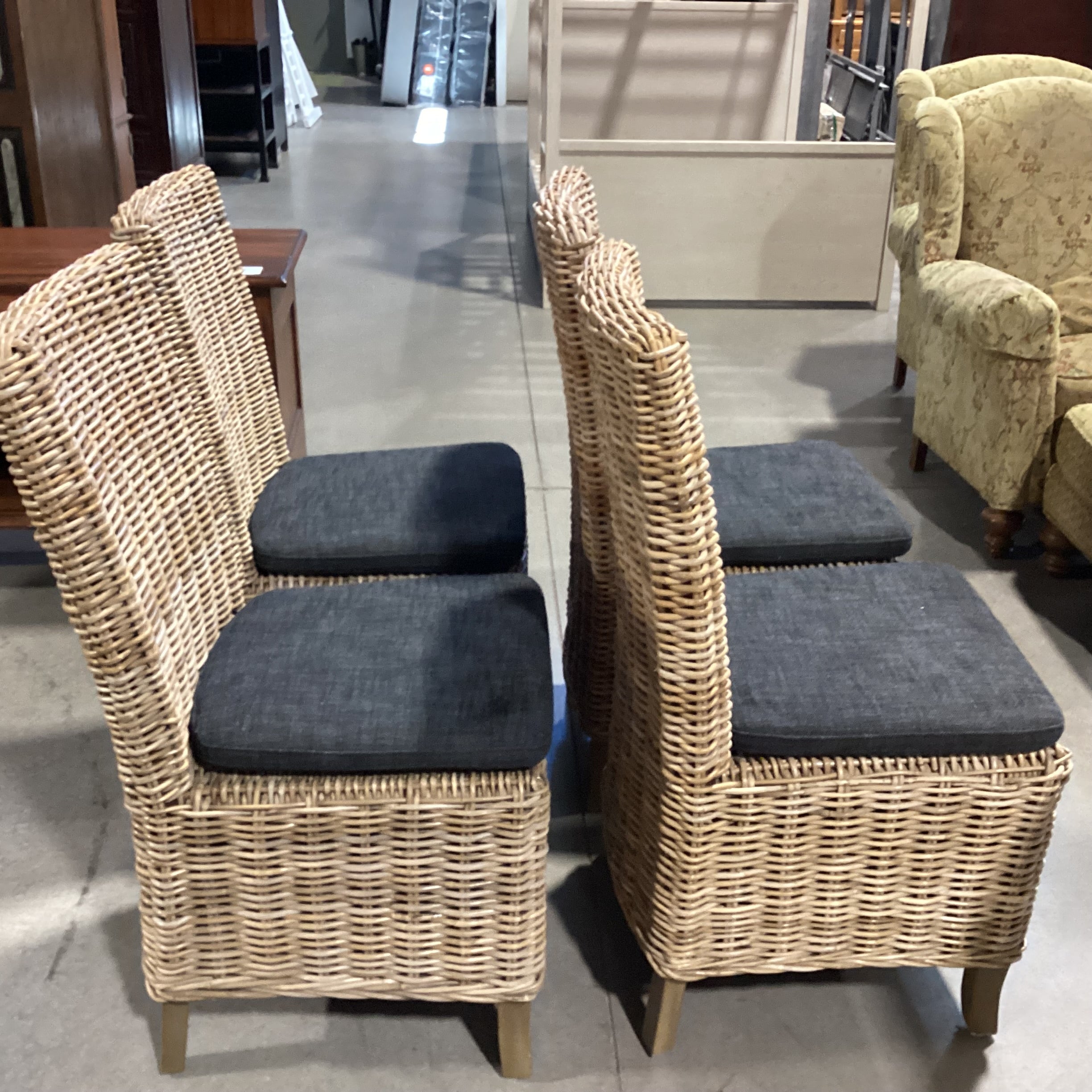 SET of 4 Wicker Woven Rattan with Charcoal Cushion Dining Chairs 20"x 23"x 40"
