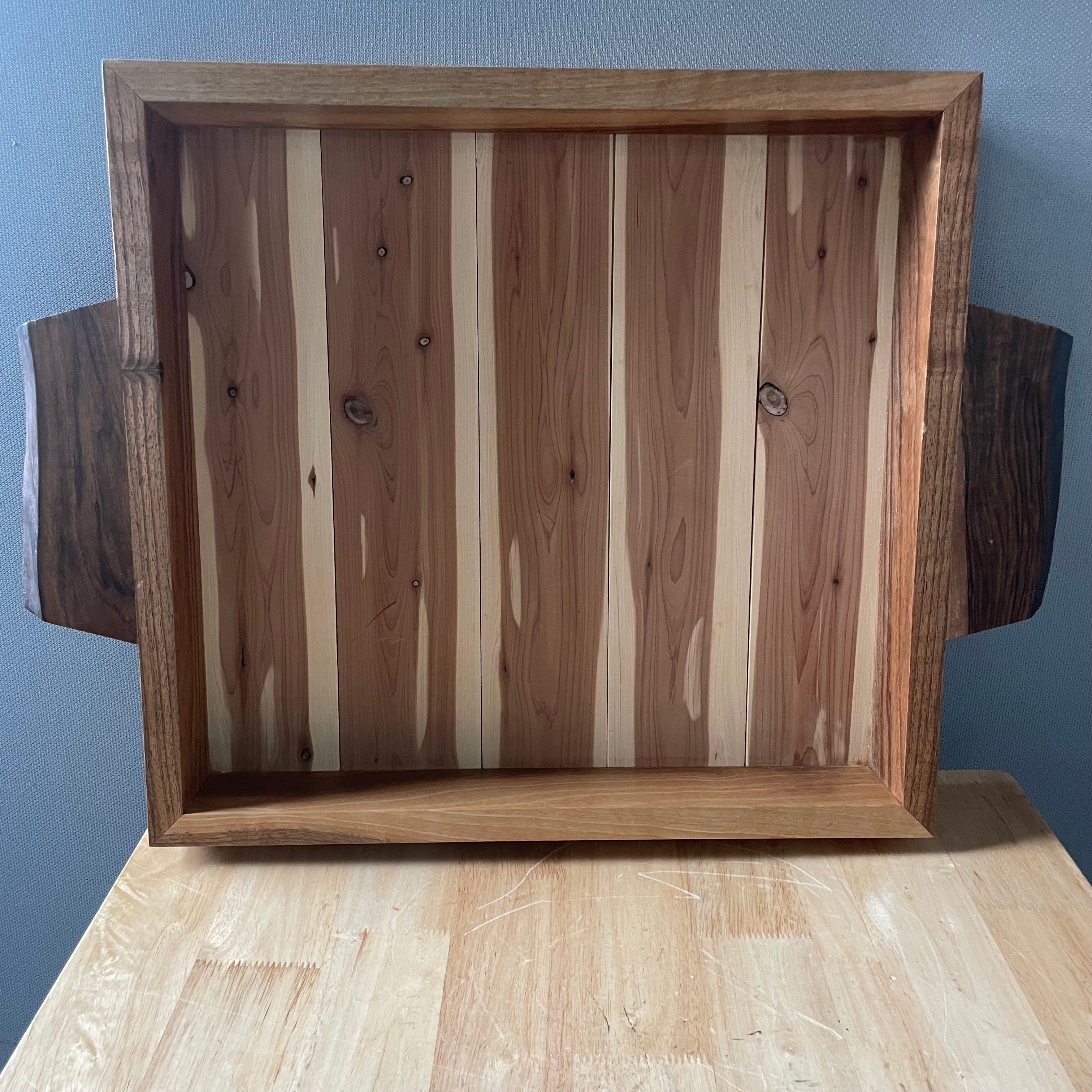 Vintage Live Edge Walnut Handles Cedar Striped Hand Crafted Tray, Signed by Artist