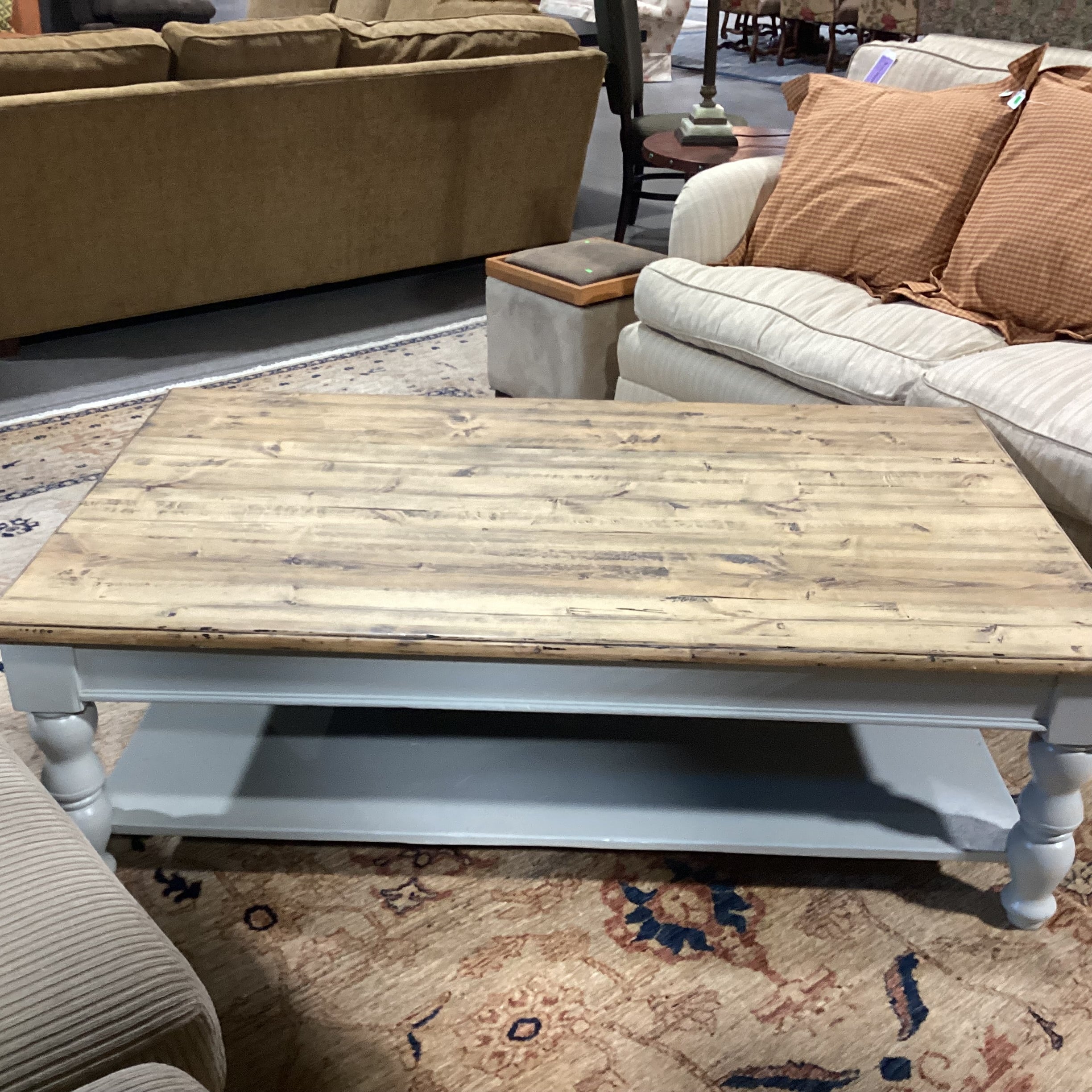 Rustic Distressed Plank Top & Dove Grey Carved Wood Coffee Table 60"x 36"x 19"