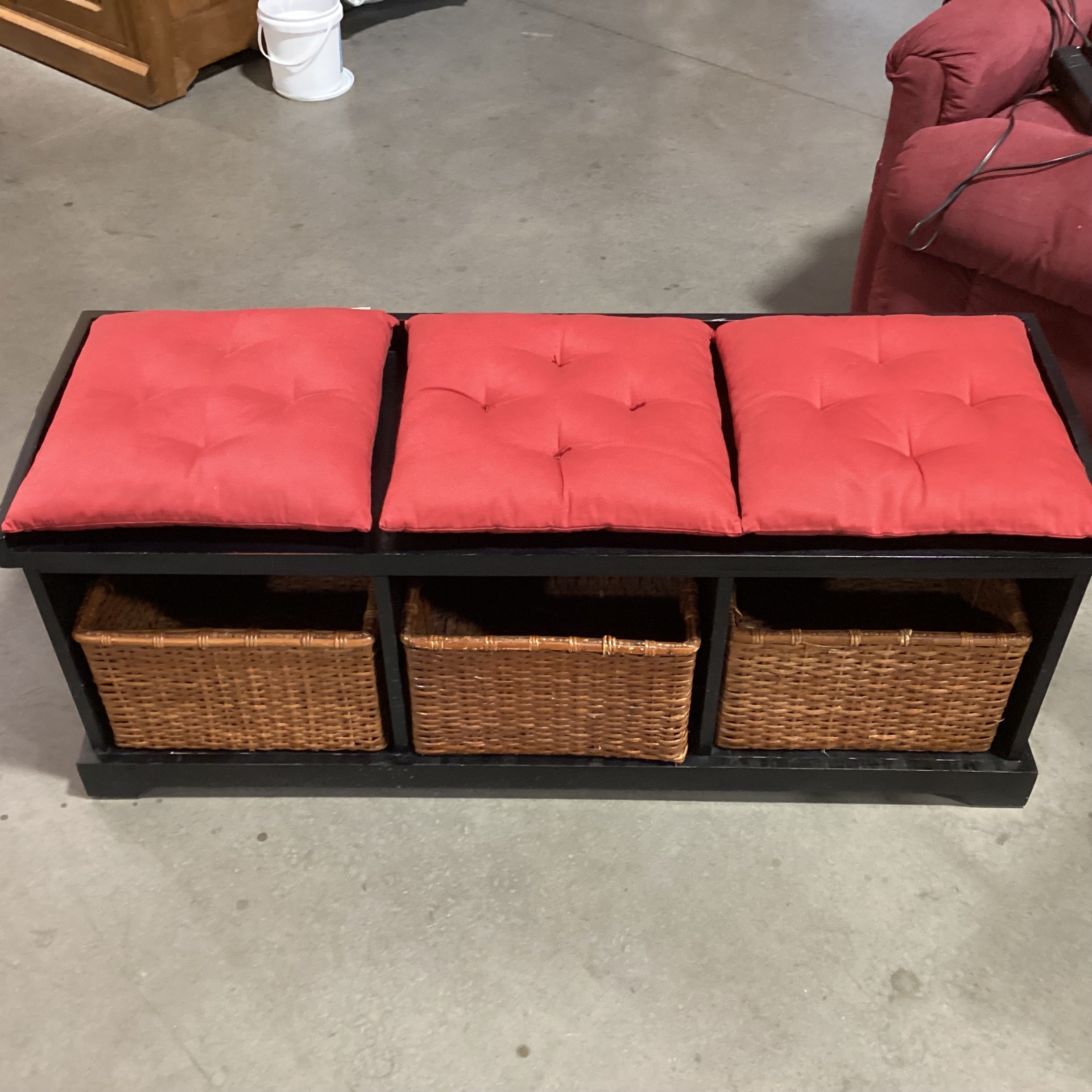 Pottery Barn Black Wood Red Cushions & 3 Baskets Storage Mudroom Bench 50"x 17"x 20"