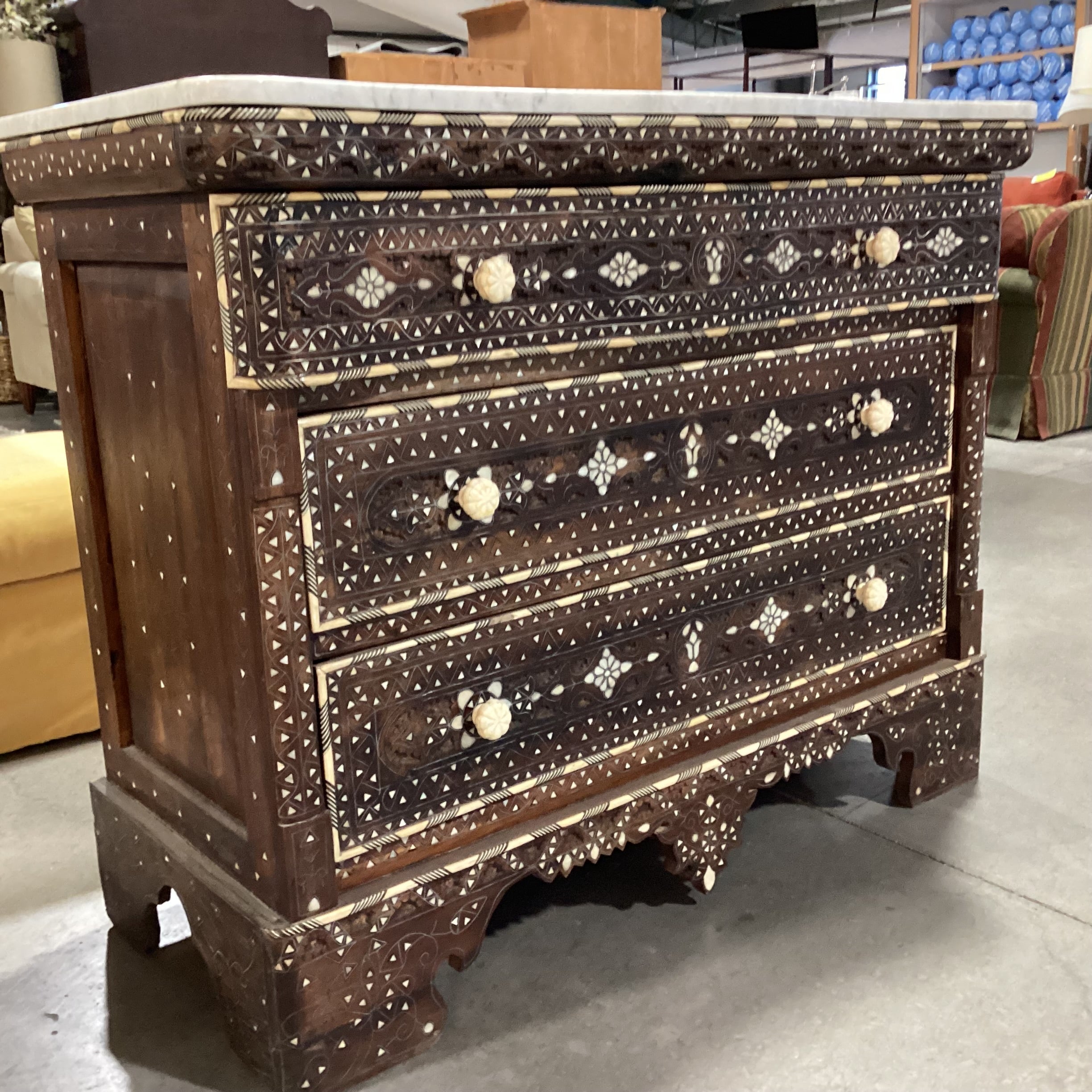 Damascus Carved Wood Mother of Pearl Inlay & Marble Top Wedding Chest 45.5"x 20.5"x 37"