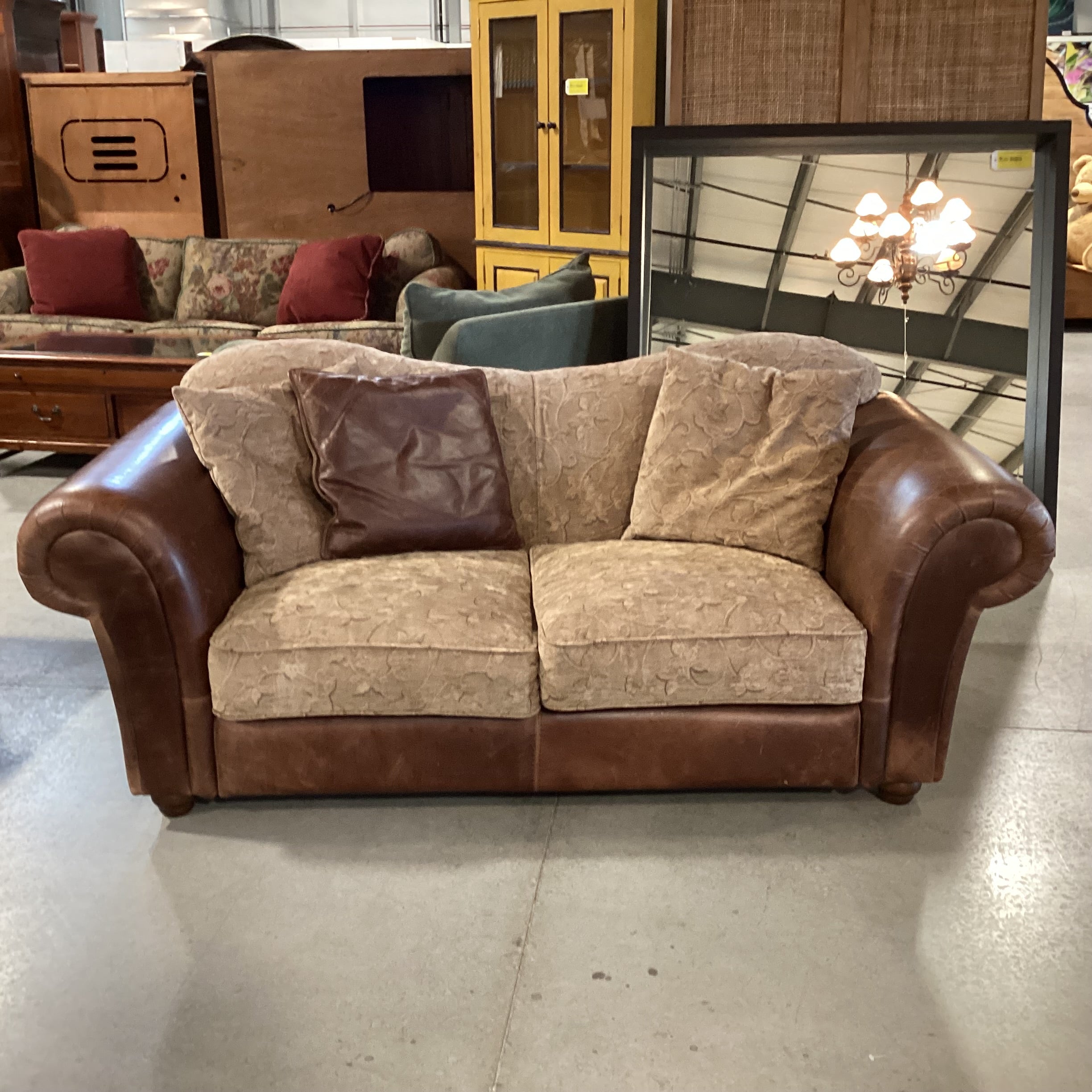 Tan Leaf Vine Design Upholstery & Leather Love Seat Sofa 74"x 37"x 32"