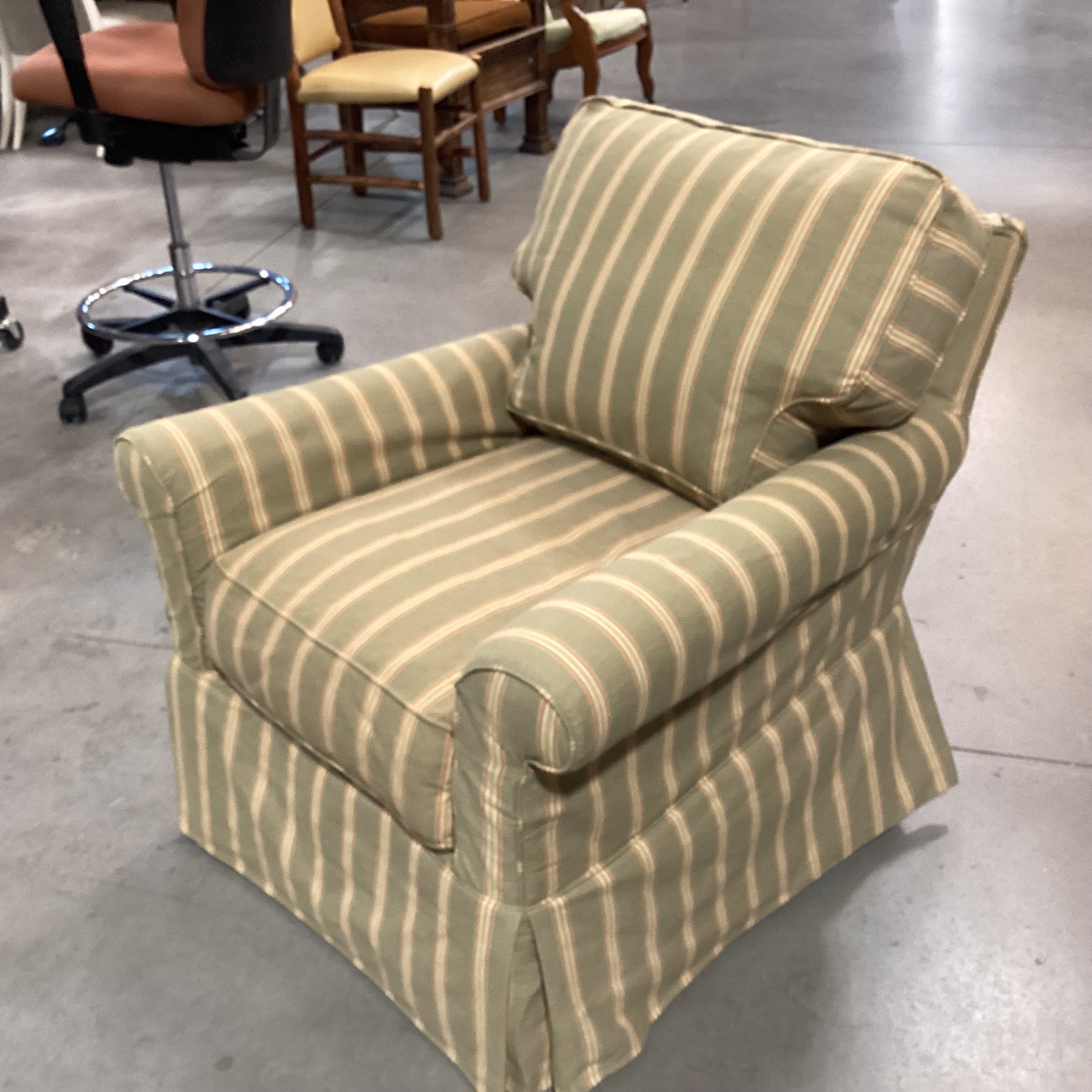 Crate & Barrel Lee Industries Sage with Gold Red Stripe Slipcovered Chair 33"x 36"x 32"