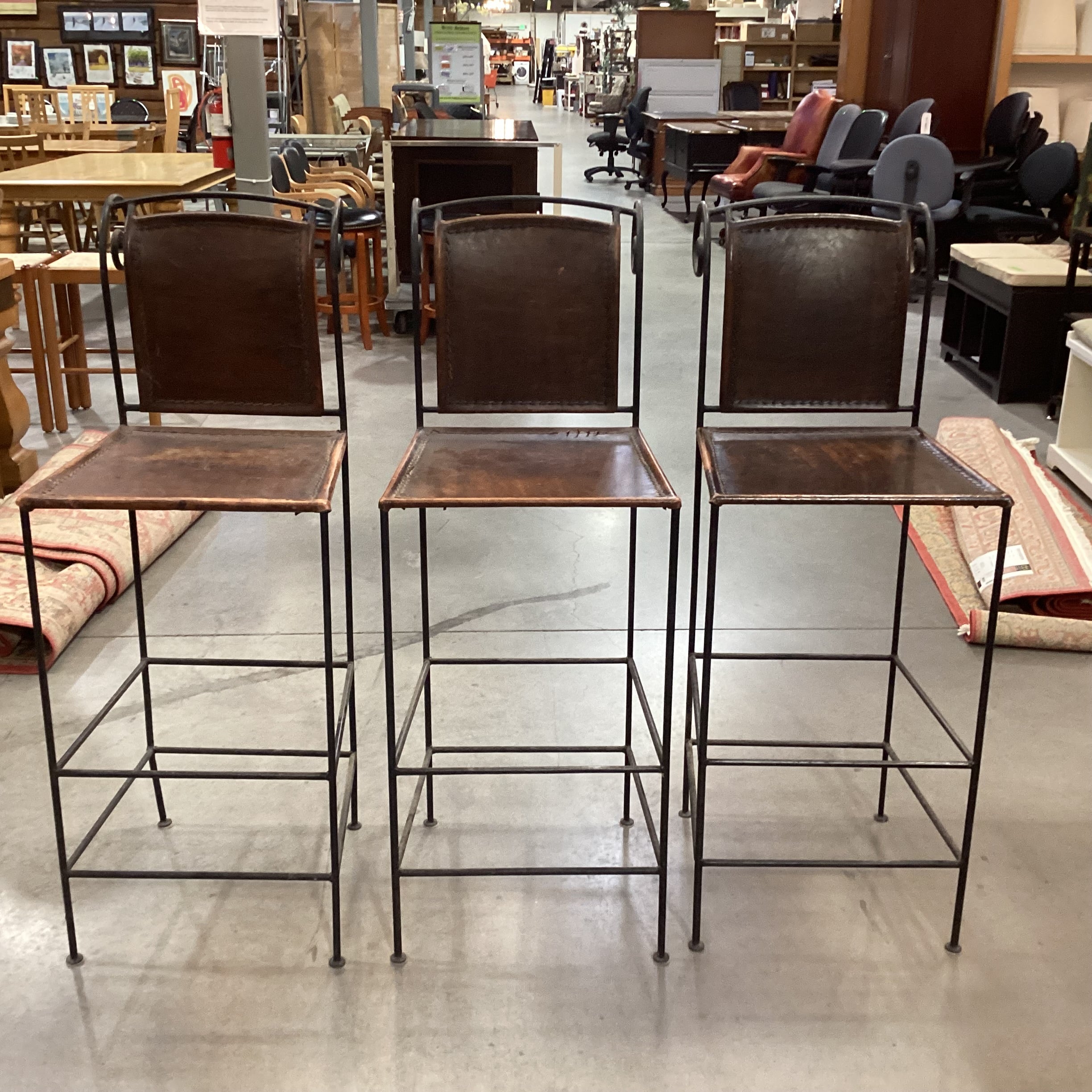 SET of 3 Iron & Distressed Leather Barstools 30.5"
