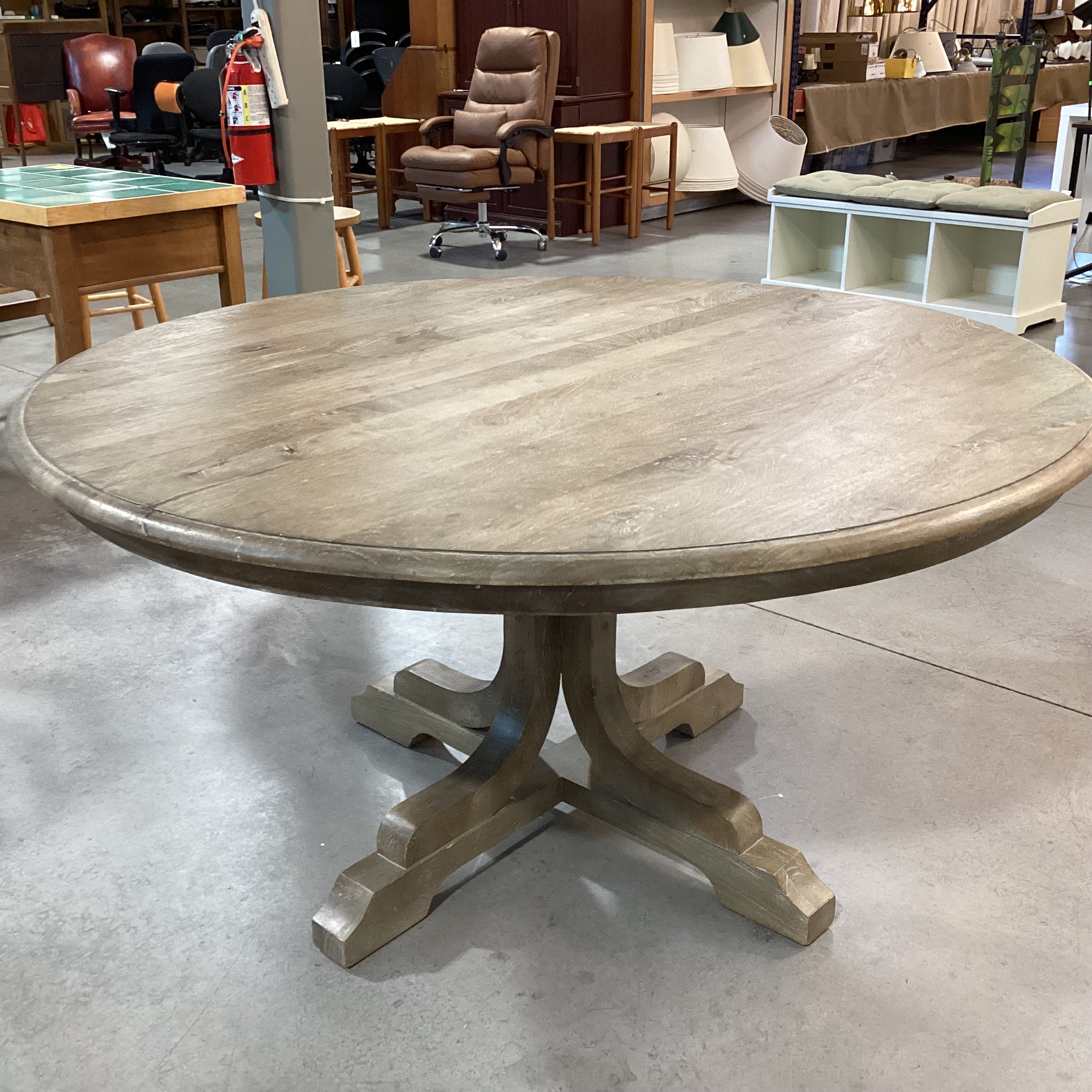 Pottery Barn Linden Grey Washed Mango Wood Round Pedestal Dining Table 60" Diameter x 30.5"