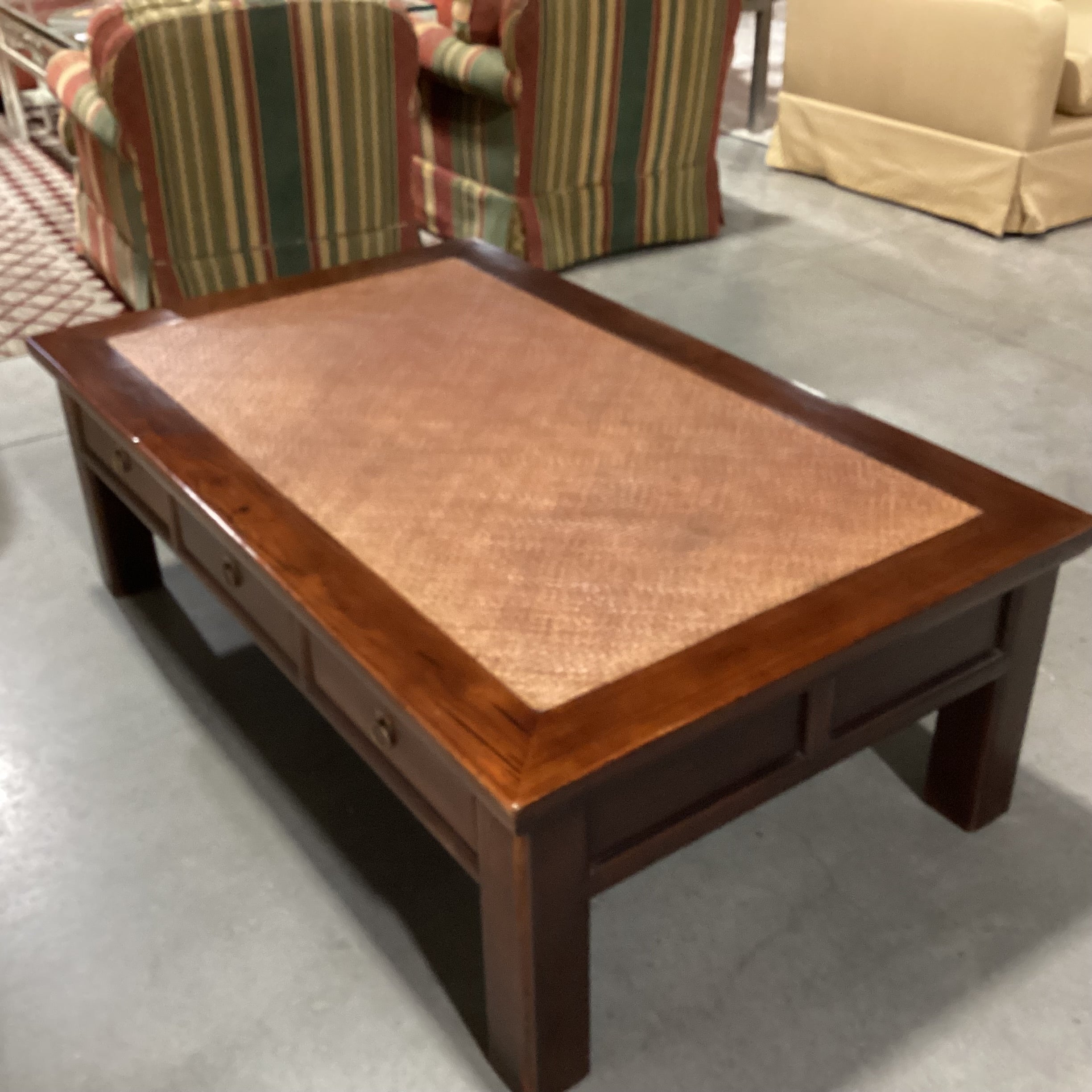 Distressed Finish Carved Wood & Wicker Raffia Woven Inset Top 6 Drawer Coffee Table 55"x 33.5"x 18"