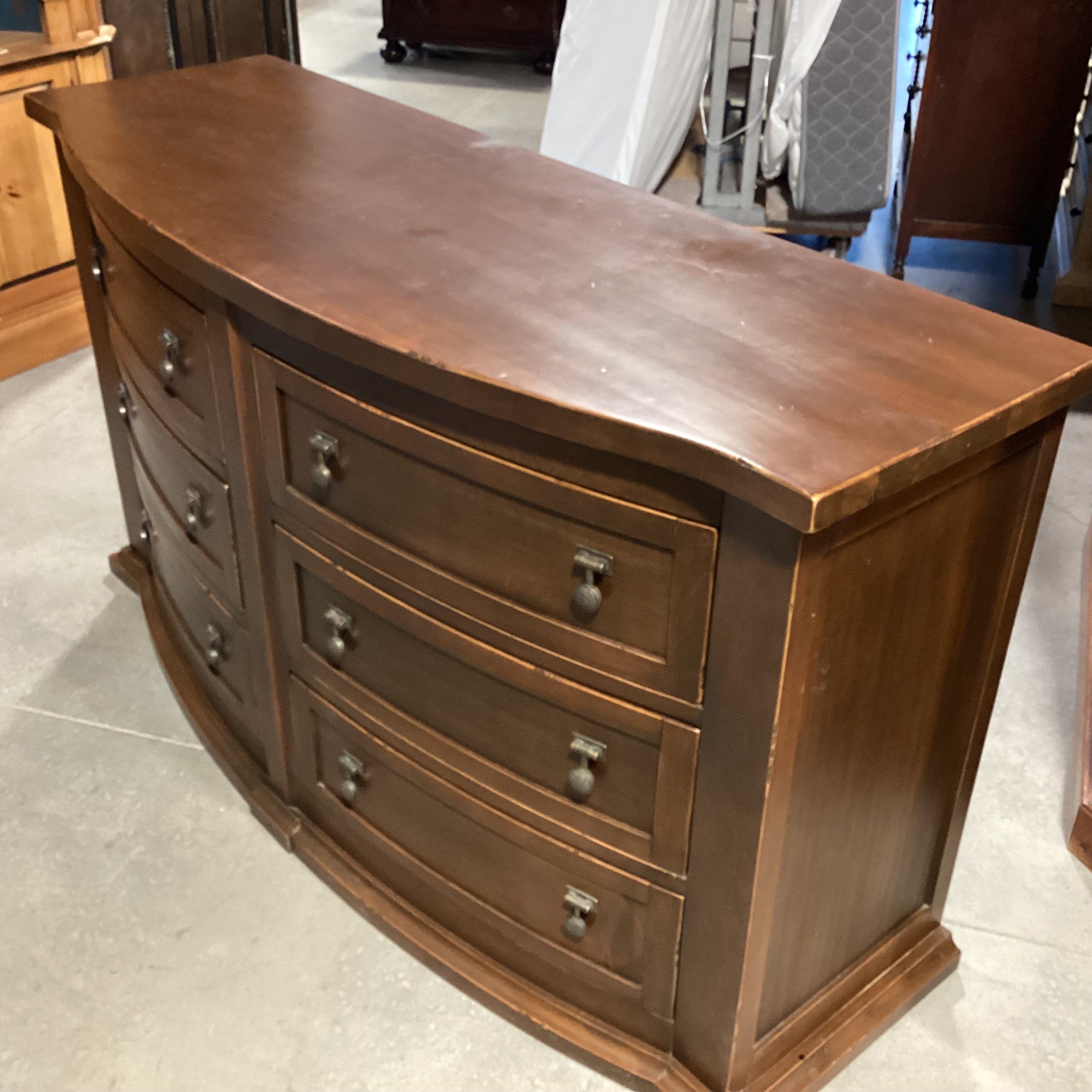 Dark Distressed Finish Solid Carved Wood 6 Drawer Curved Front Dresser 66"x 23.5"x 37"