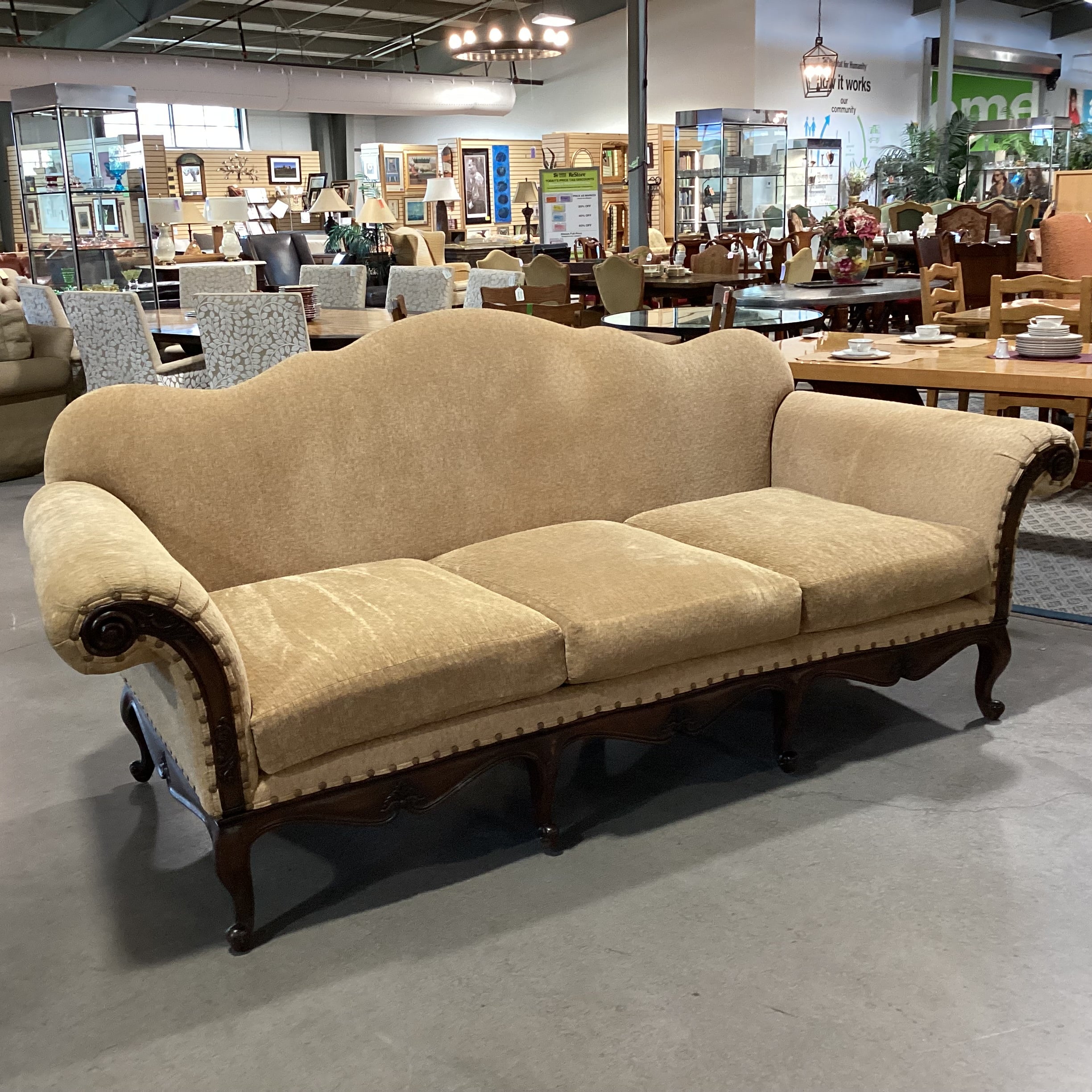 Ralph Lauren St Germain Venetian Gold Chenille Woven Nailhead & Ornate Carved Wood Sofa 103"x 41"x 45"