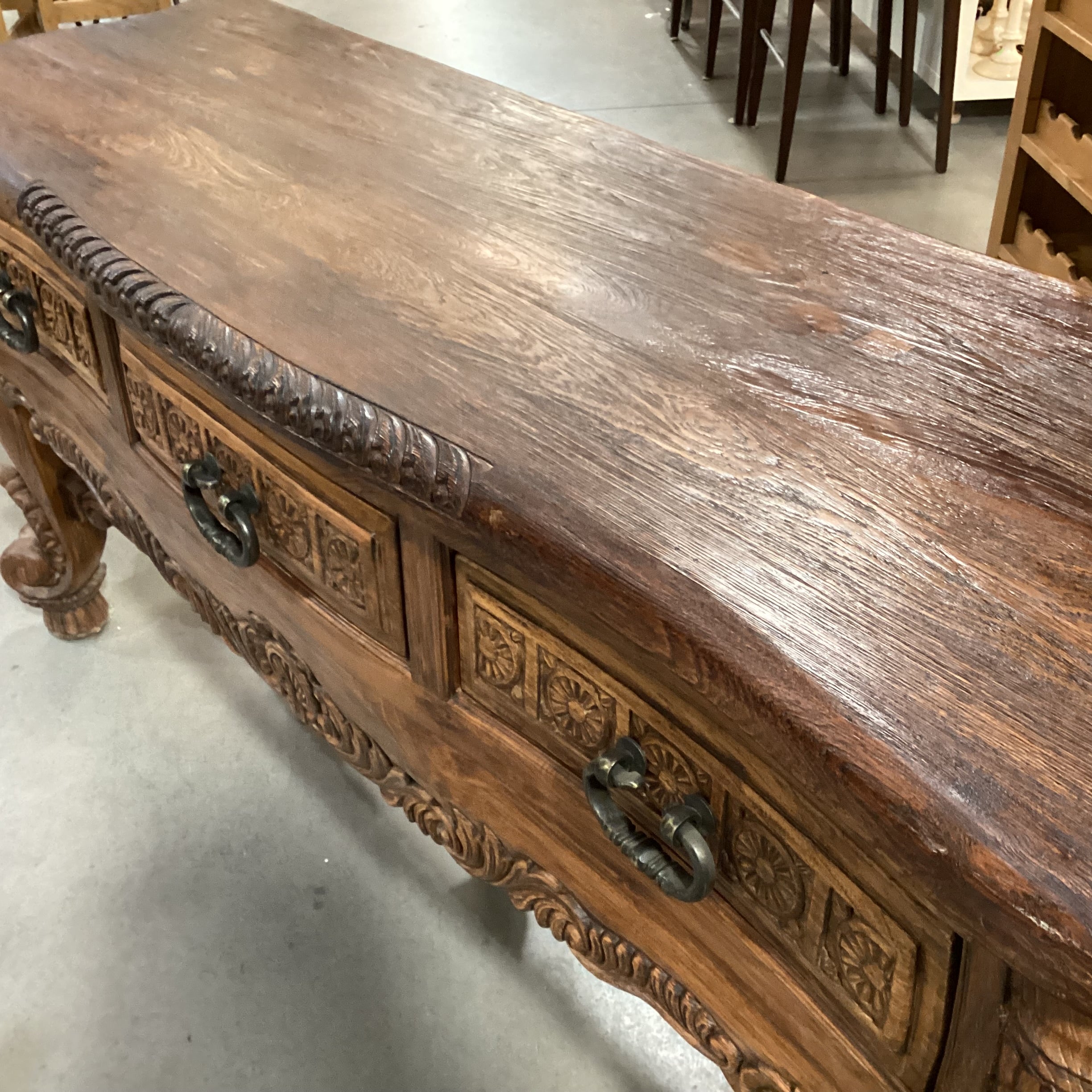 Rustic Western Hand Carved Solid Wood with Ornate Trestle 3 Drawer Accent Table 72"x 24"x 35.5"