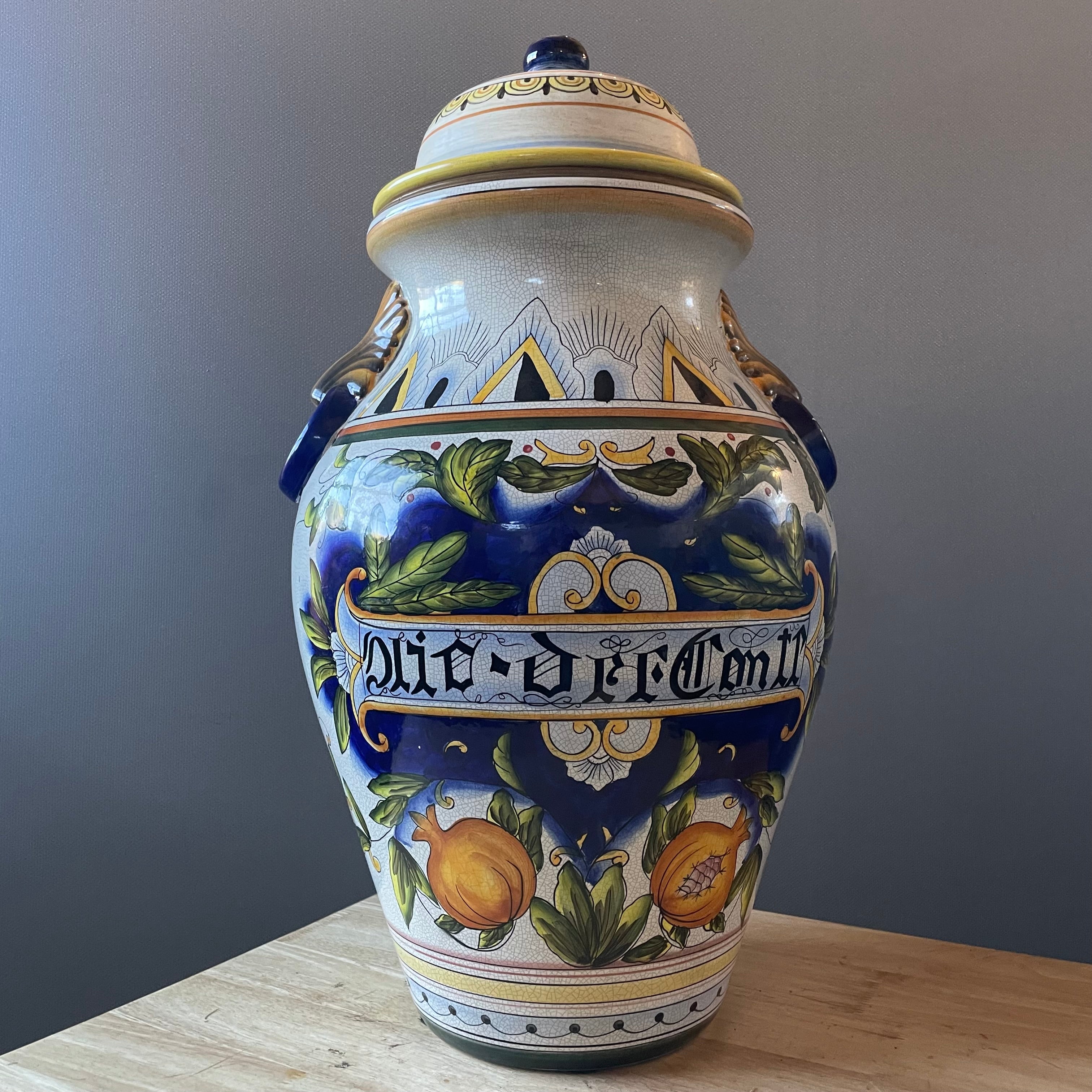 Decorative Majolica Style Reproduction Lidded Apothecary Jar, 14"x 23"