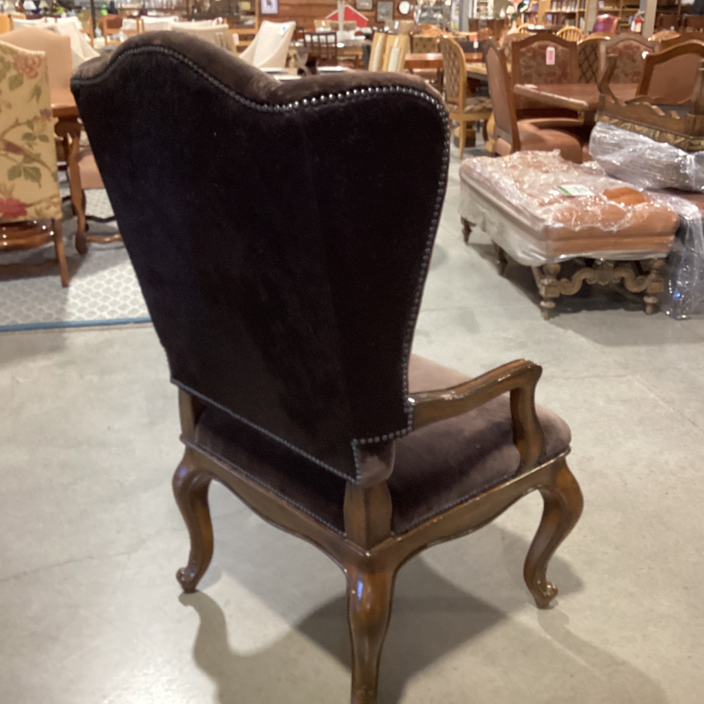 Ornate Carved Wood Dark Brown Velvet Nailhead & Cowhide Back Wing Chair 29"x 28"x 49"