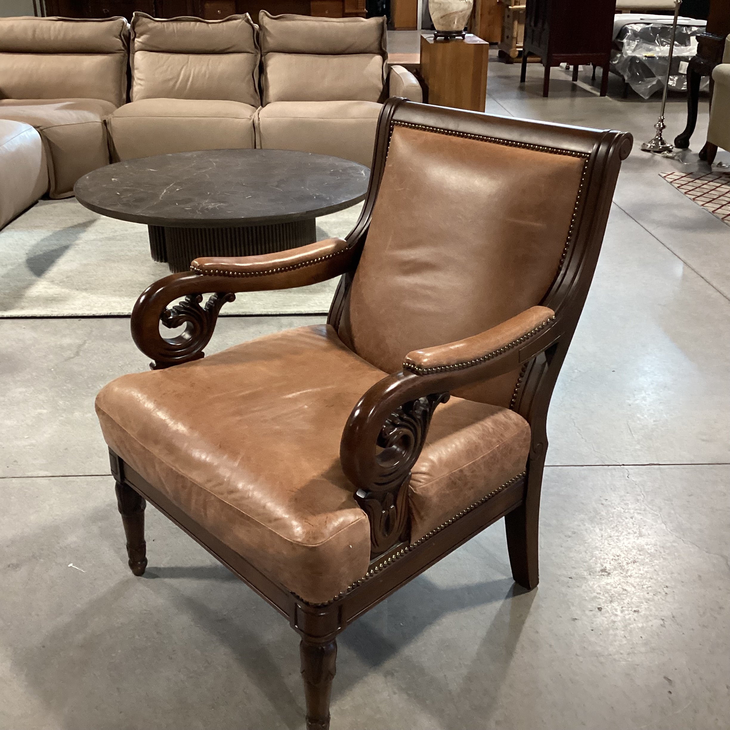 Carved Scroll Arm & Leather Nailhead Chair 29"x 33"x 39"