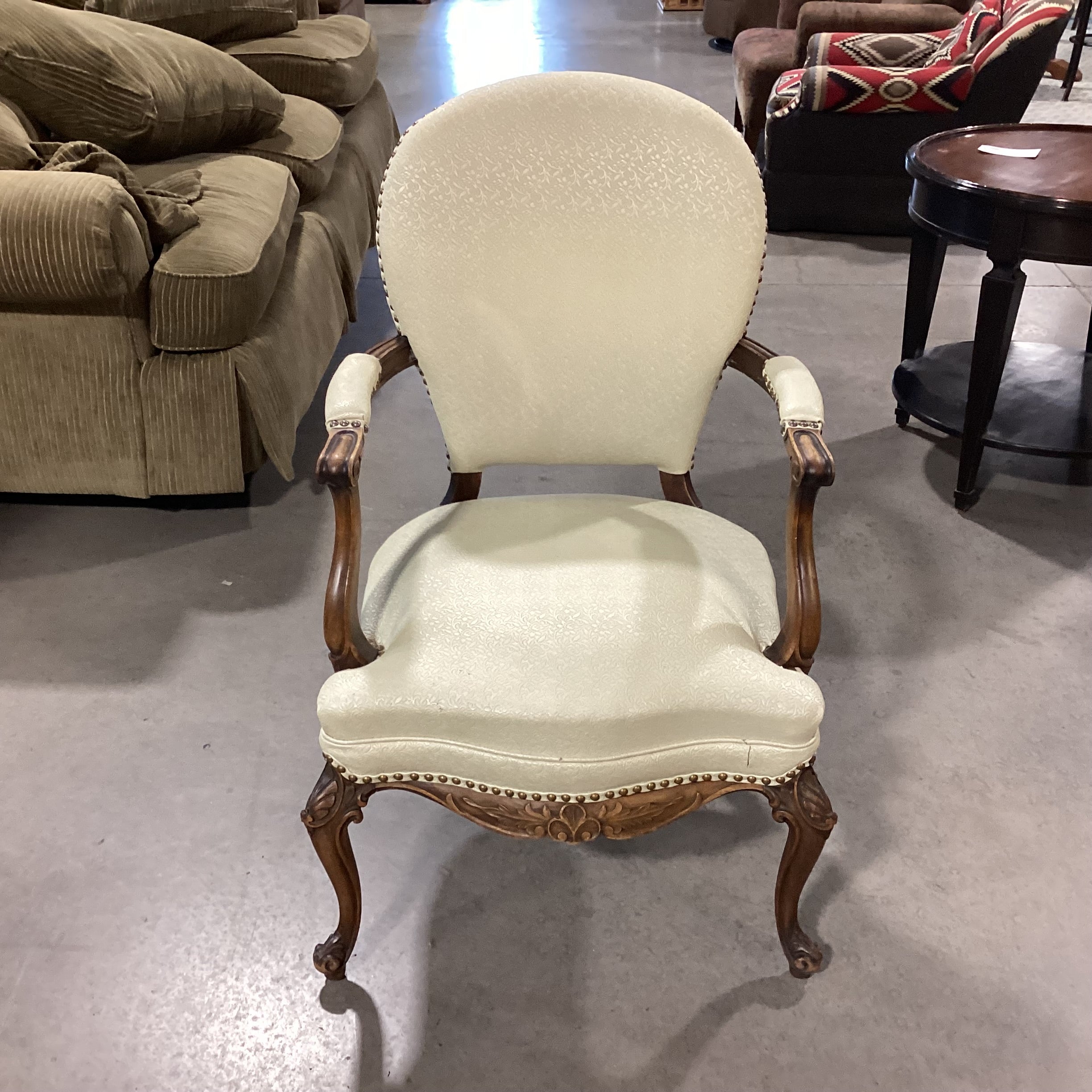 Vintage Carved Wood Cream Leather Like Embossed Vinyl Nailhead Chair 25.5"x 30"x 40"