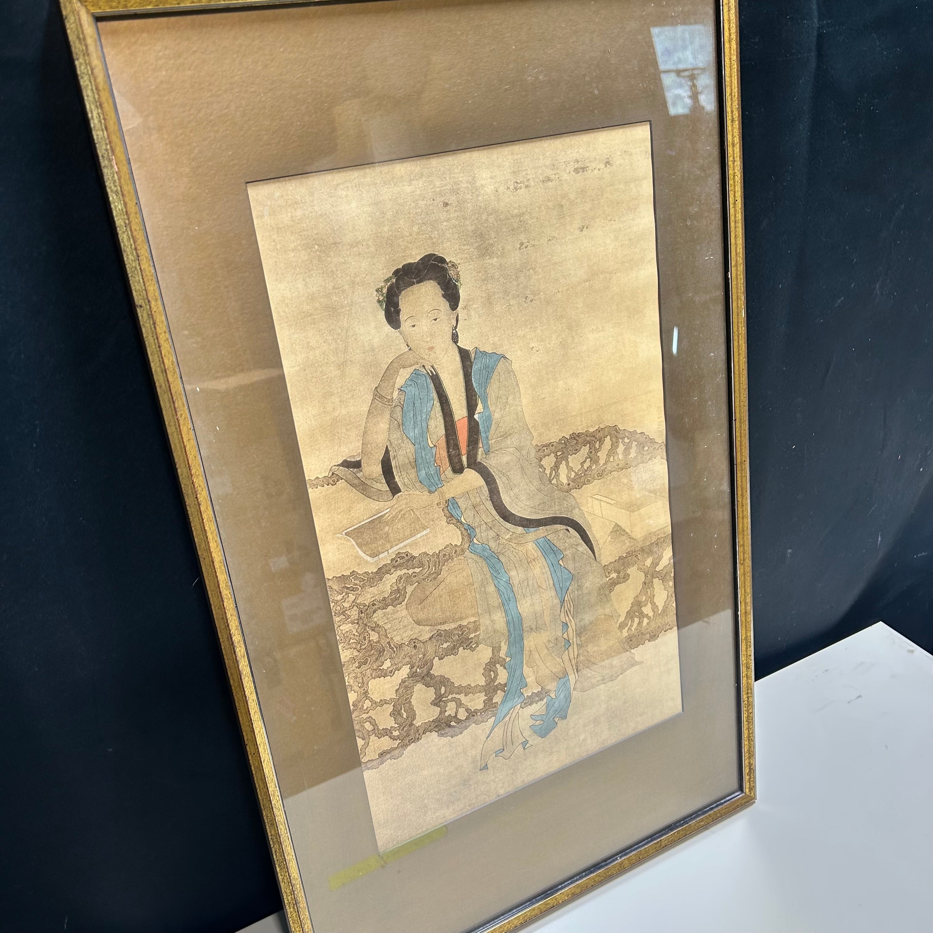 Vintage Print Of A  Woman Sitting On A Burl Furniture 17"x 27"