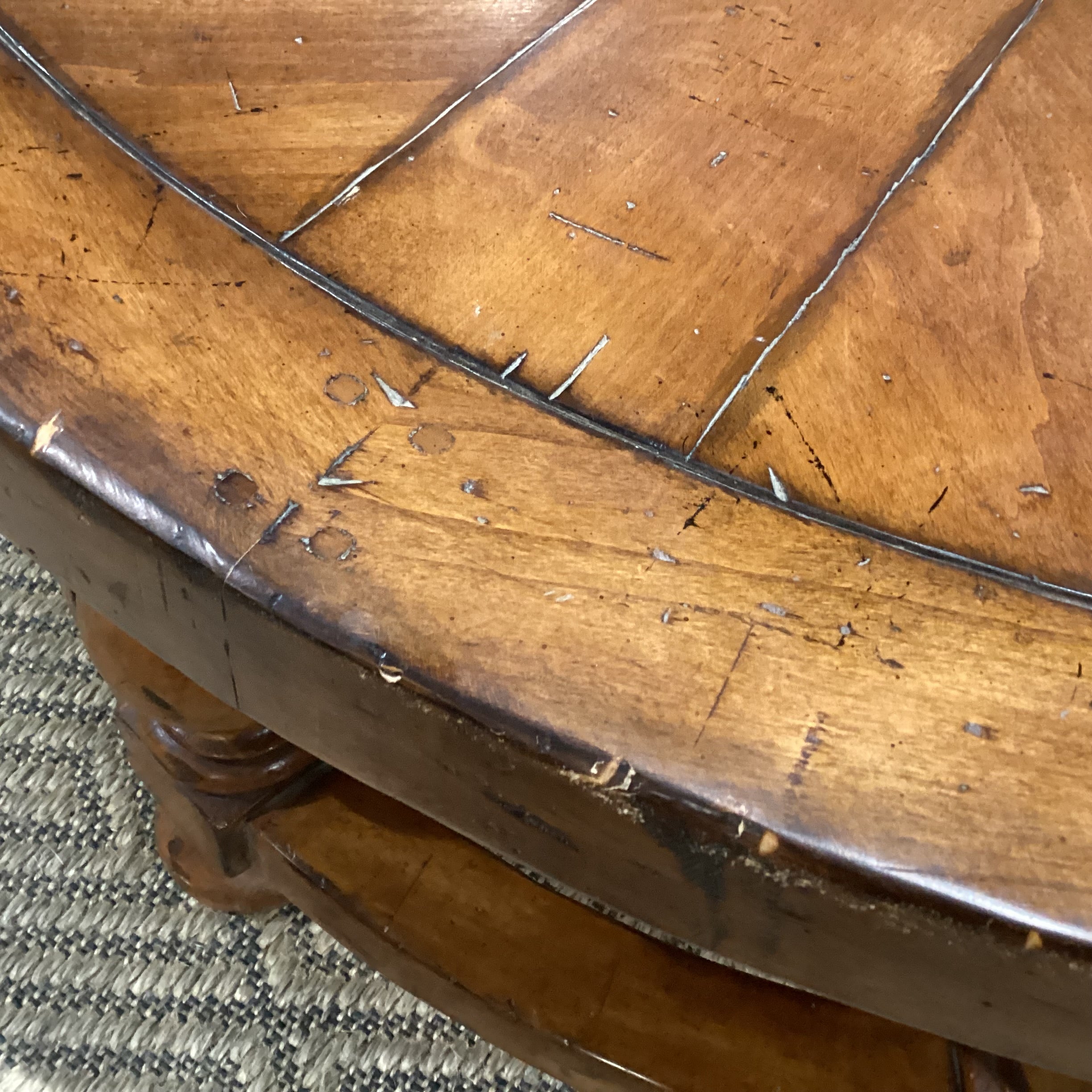 Round Carved Distressed Finish Wood Coffee Table 54" Diameter x 20"