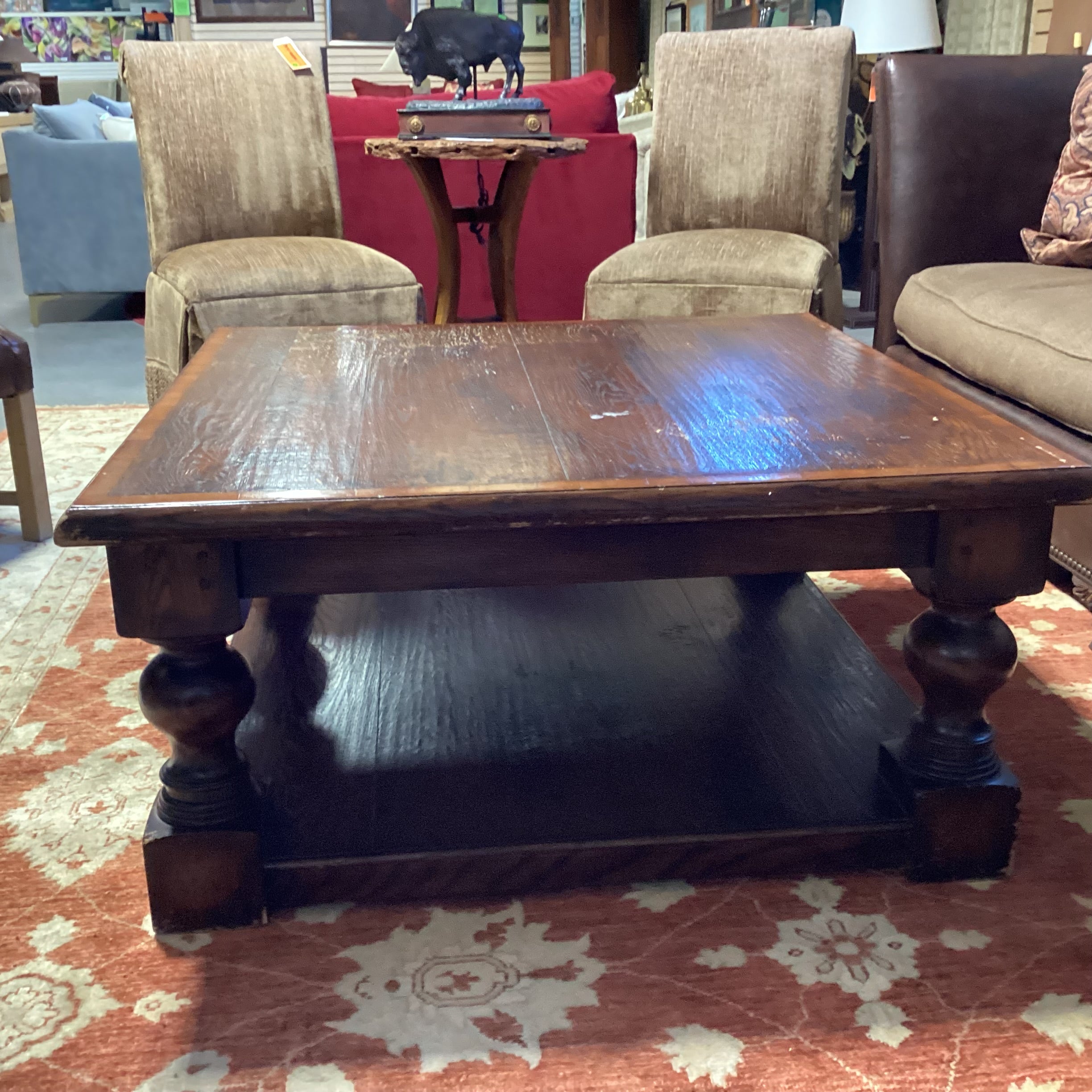 Solid Distressed Carved Wood with Bottom Shelf Square Coffee Table 42"x 42"x 20"