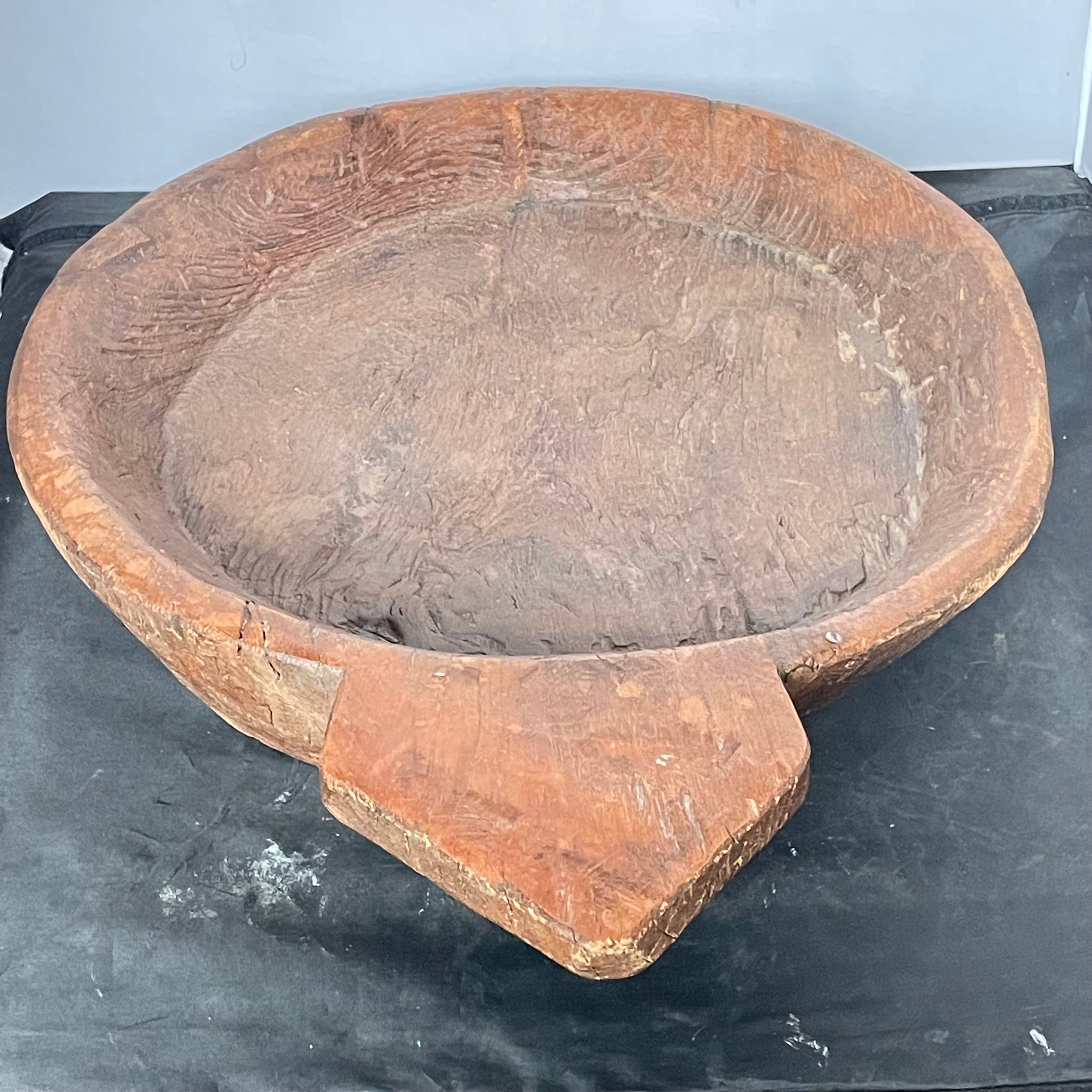 Antique Primitive Heavy Wooden Dough Bowl, 23.75"x 18"x 3.5"