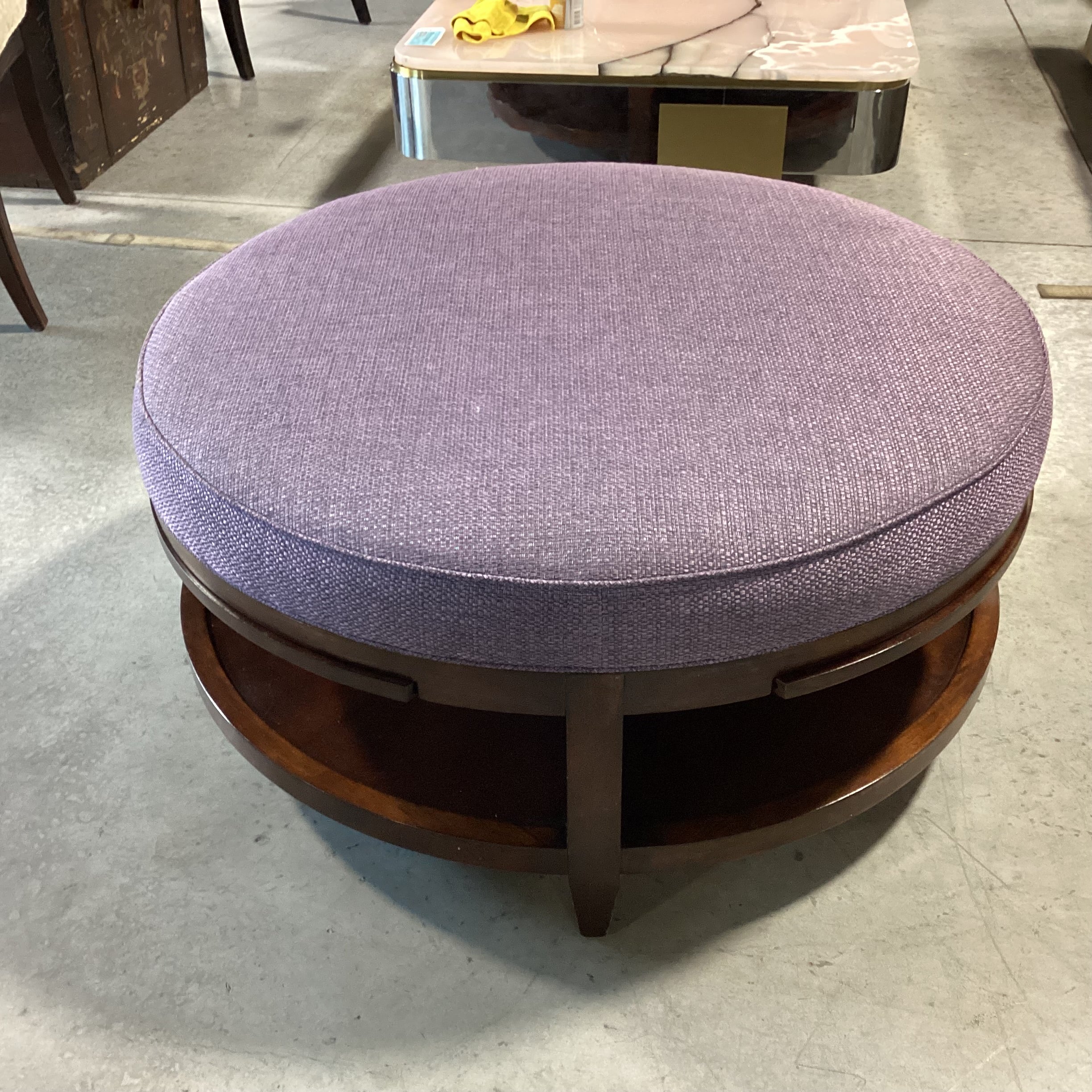 Dark Finish Wood & Plum Woven 2 Tiered with 4 Pullout Tray Sides Round Cocktail Ottoman 41" to 54" Diameter x 19"