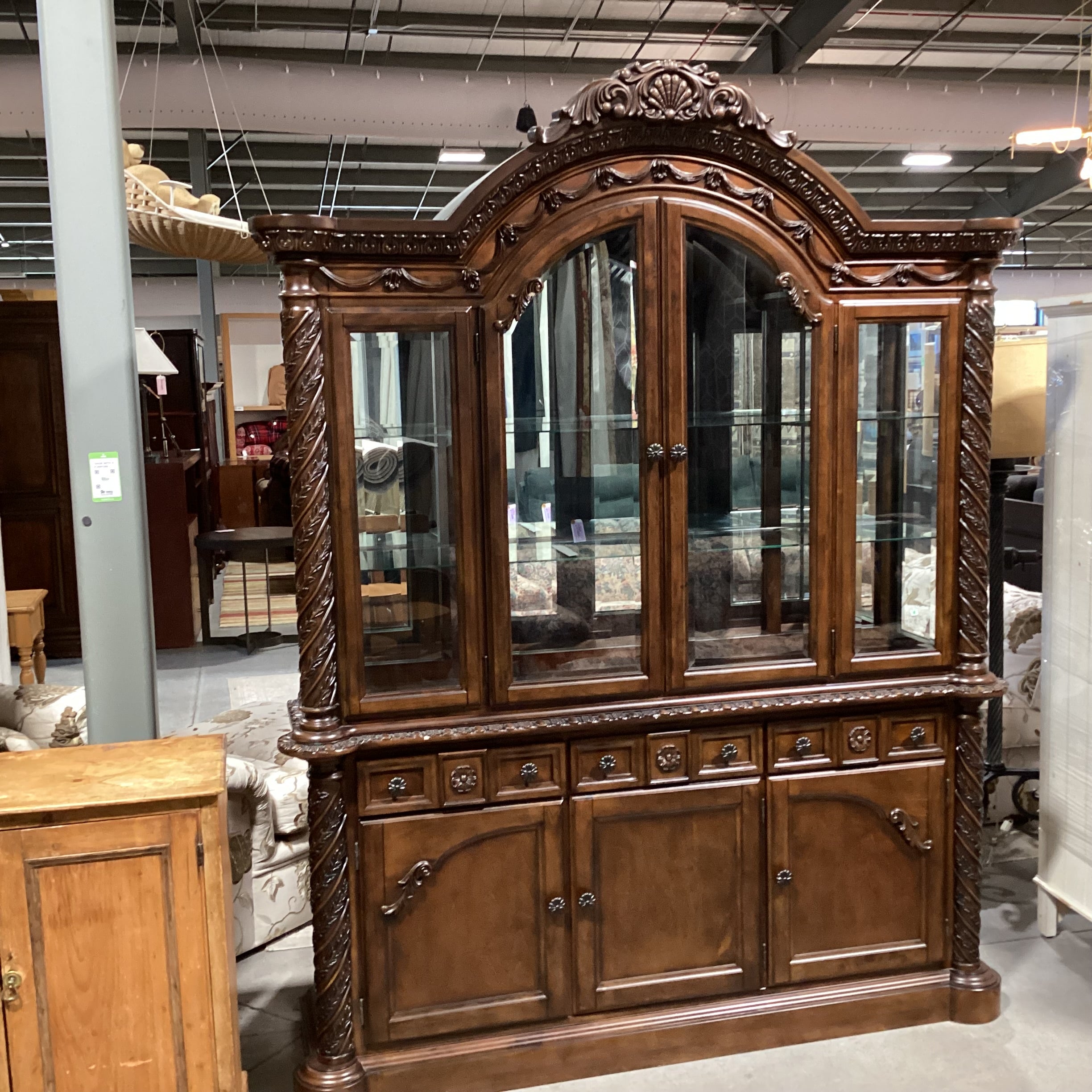 Ashley Furniture North Shore Ornate Carved Wood & Glass 2 Piece China Hutch 71"x 19"x 91"