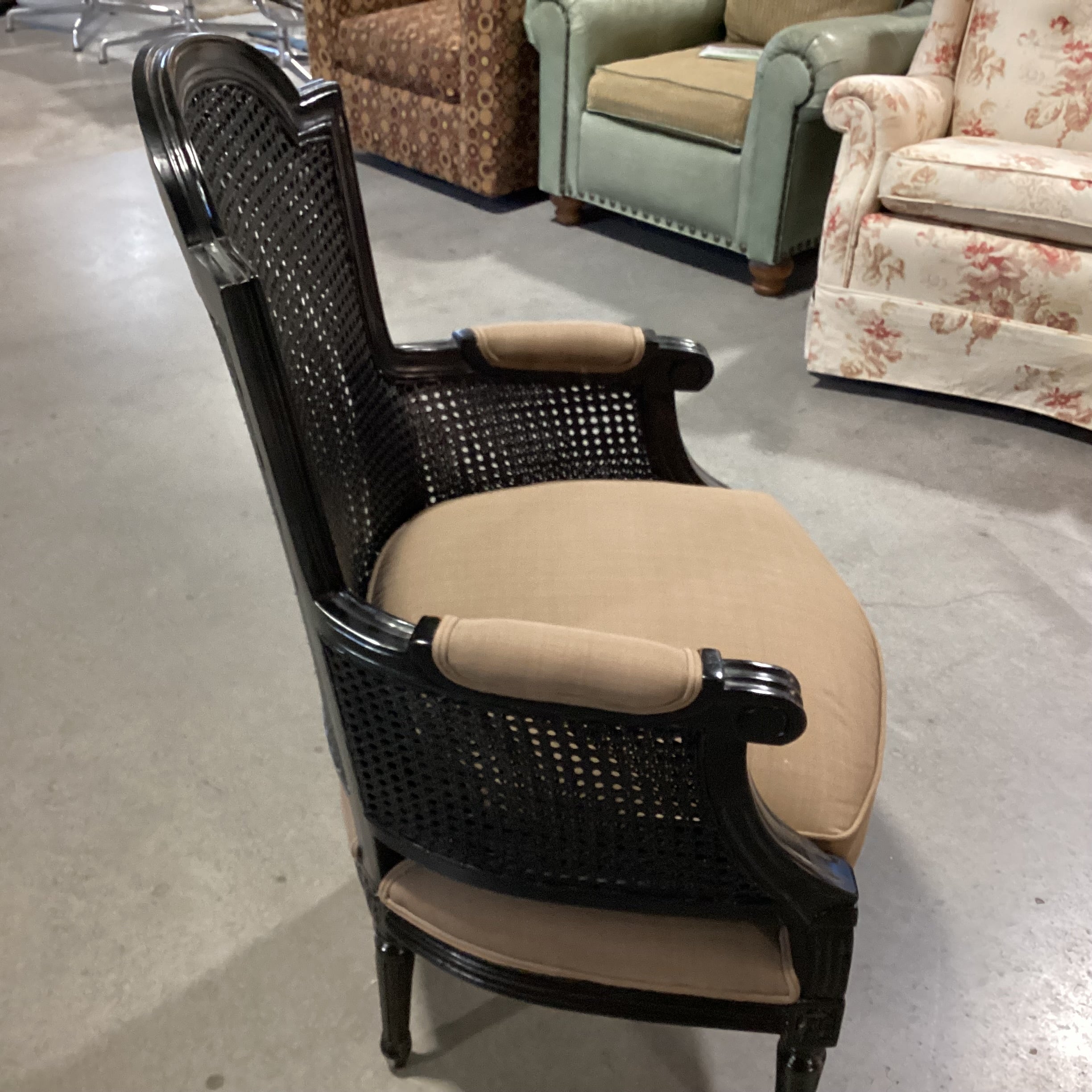 Black French Caning & Carved Wood with Taupe Brown Down Mix Upholstered Chair 26"x 24"x 40"