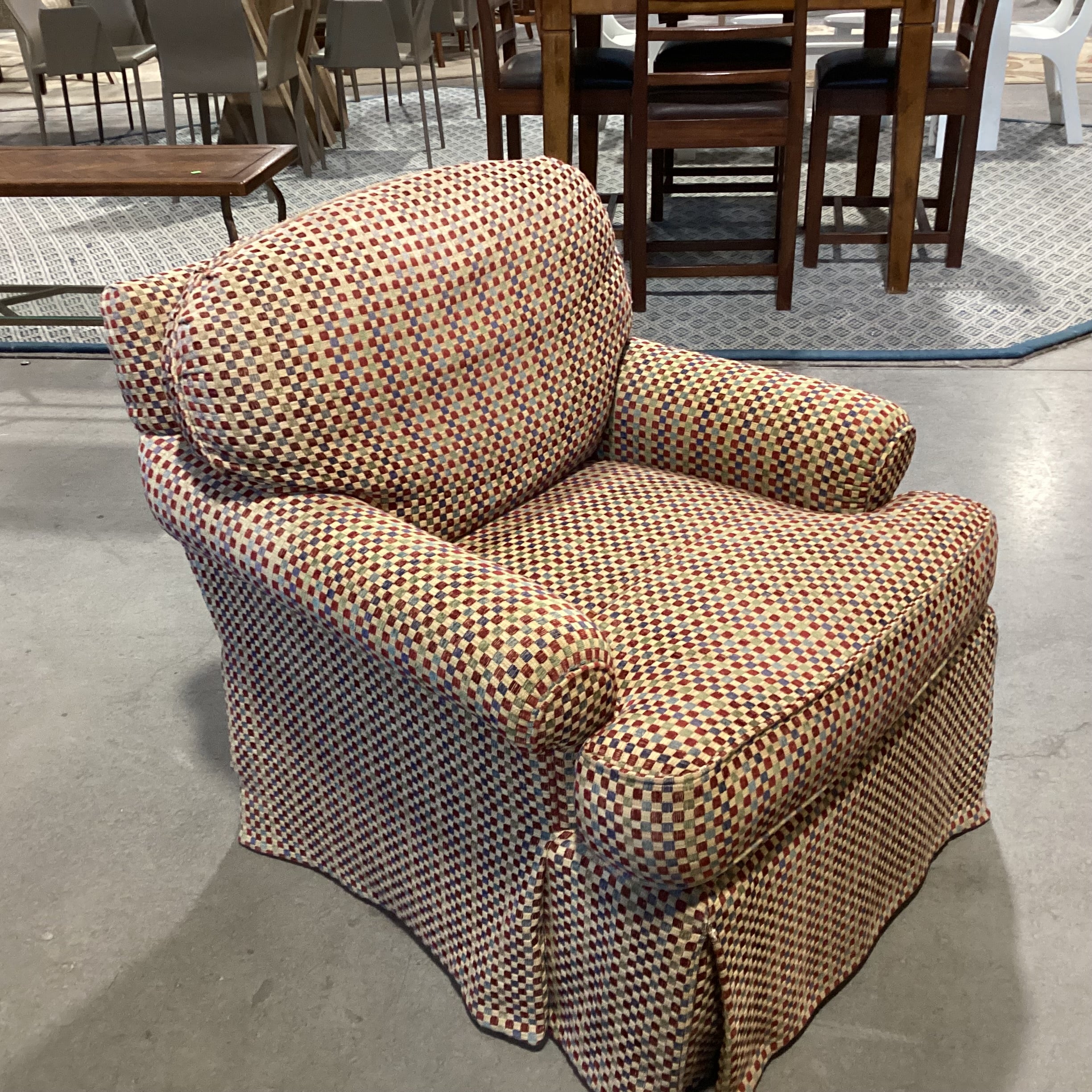 J Banks & Stanford Furniture Gold Red Blue Green Checker Woven Upholstered Swivel Chair 33"x 36"x 31"