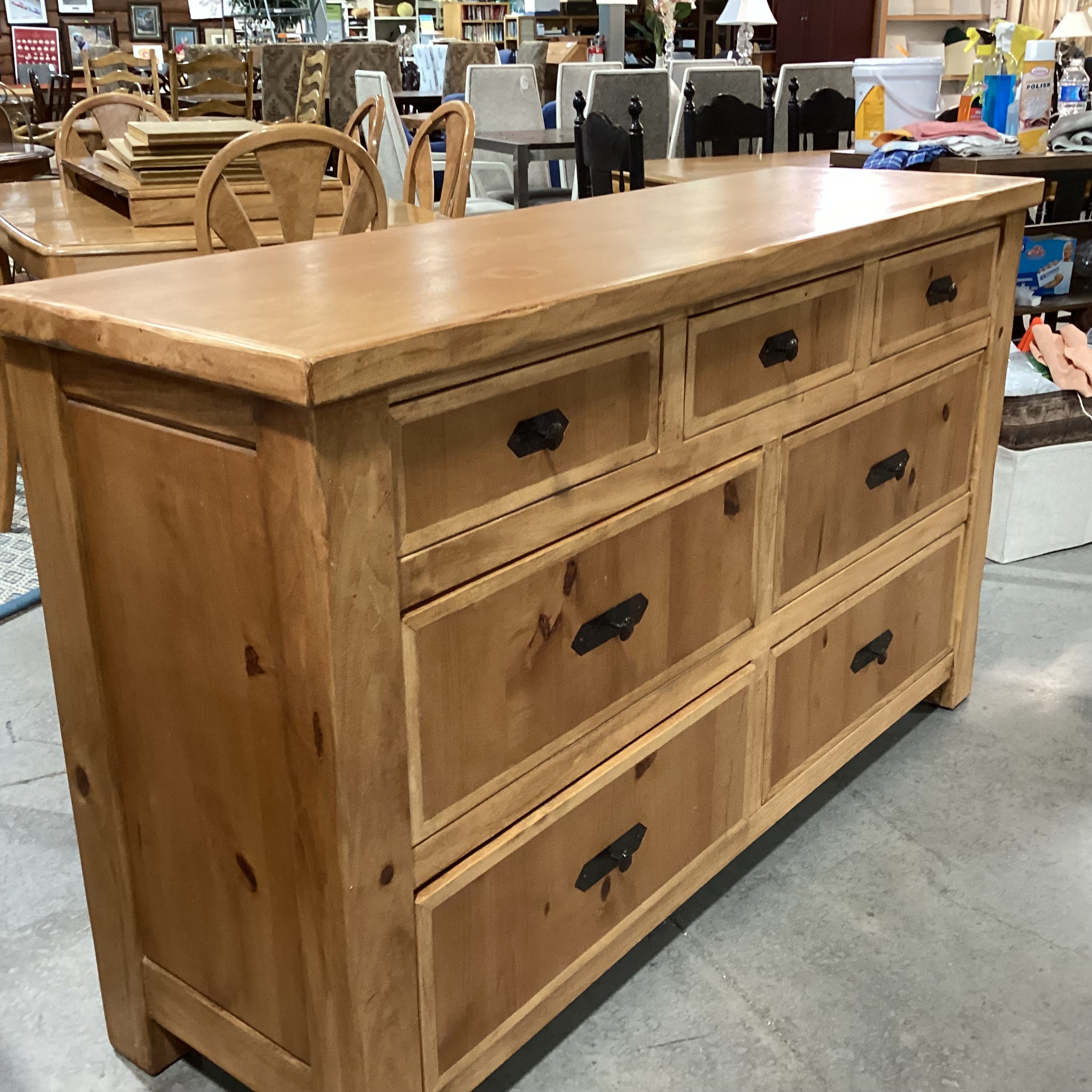 2 Tone Light Finish Solid Wood with Iron Accent 7 Drawer Dresser 64"x 19"x 38"