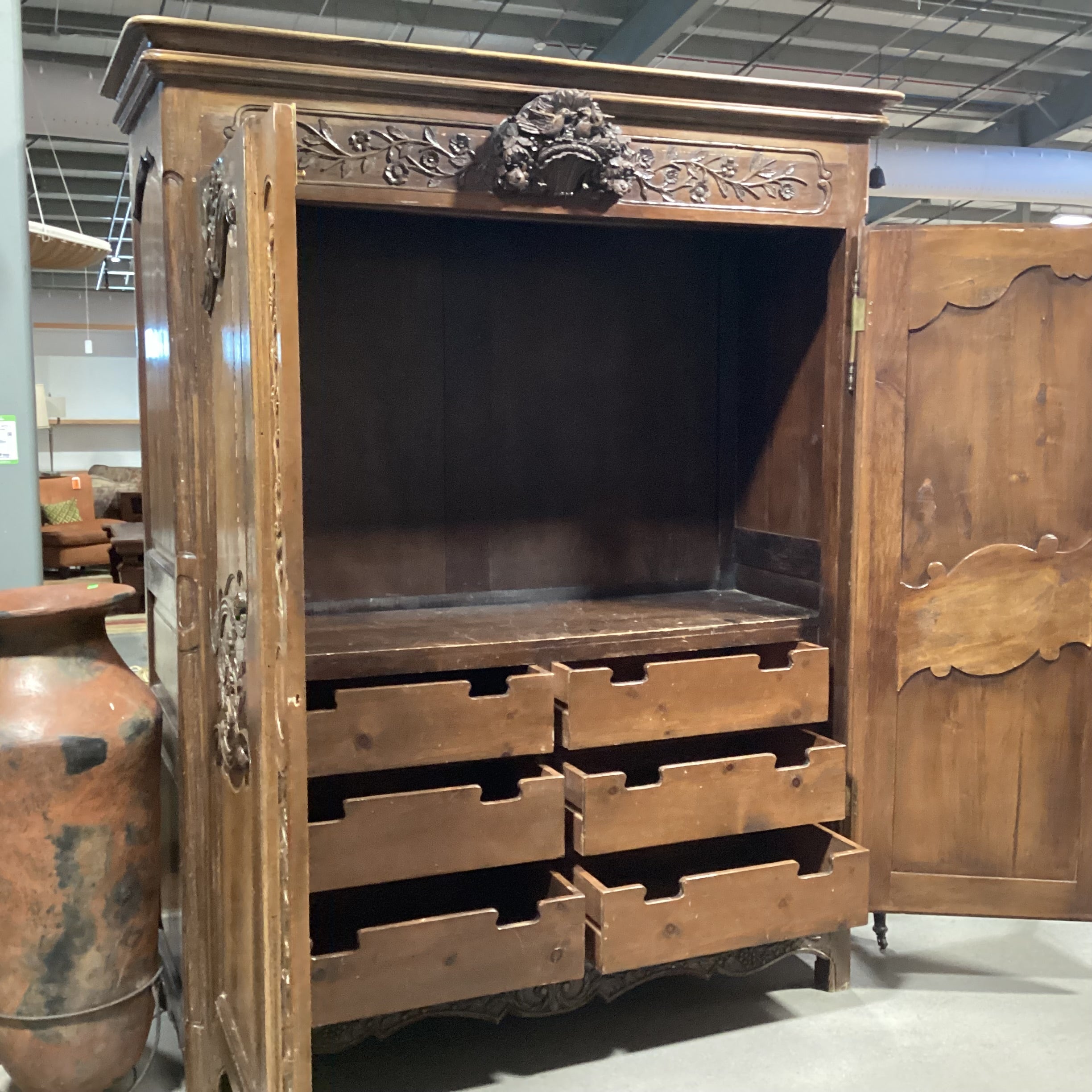 Ornate Carved Bird Floral 2 Door 6 Drawer Armoire 71"x 29"x 88"