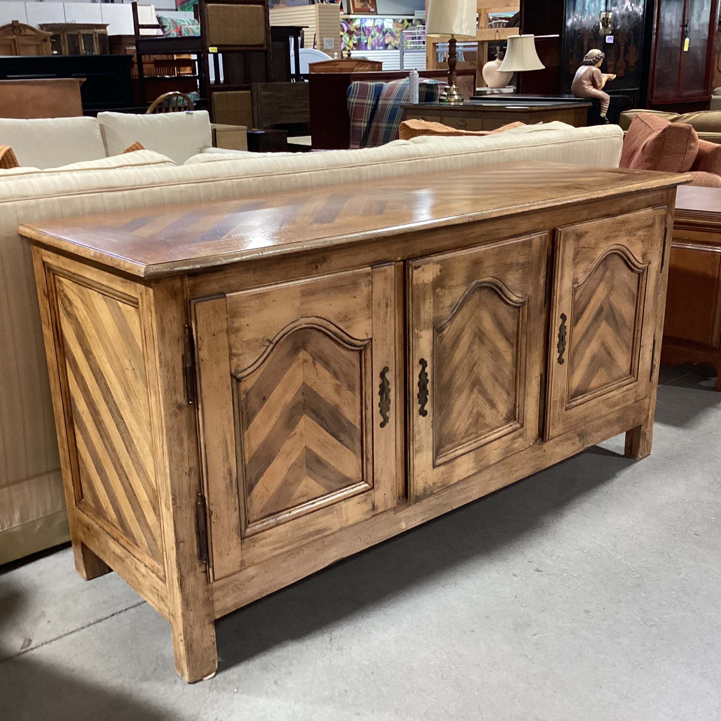 Distressed Finished Wood with Matched Chevron Detail 3 Door 4 Drawer & Shelves Sideboard 70"x 24"x 36"