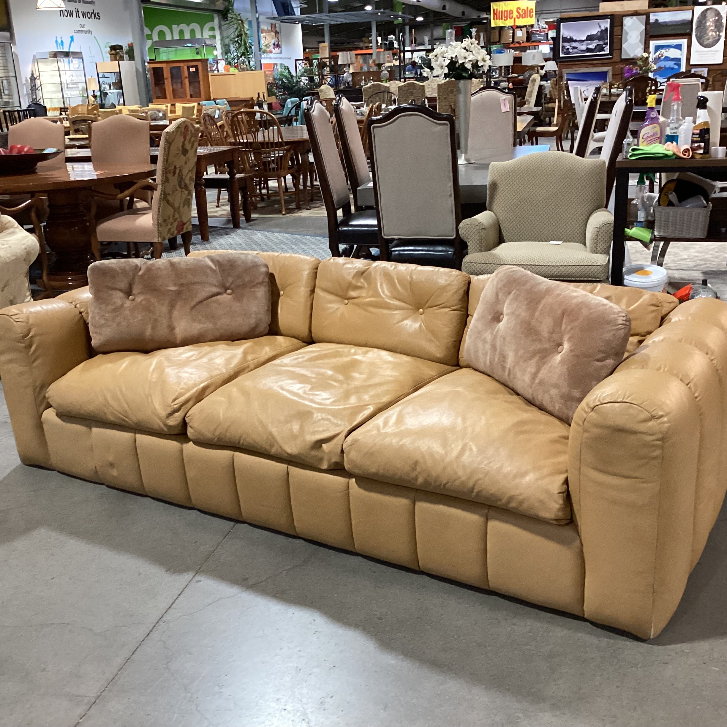 Interior Crafts Chicago Vintage Tan Leather Channel Ribbed Tufted Sofa 98"x 42"x 26"