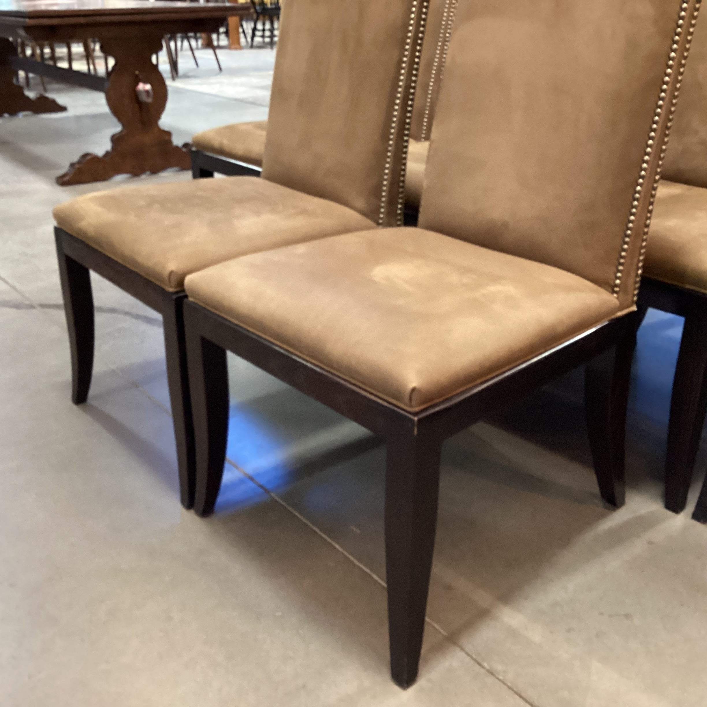 SET of 10 Hickory Chair Co Chelsea Brown Suede Nailhead & Dark Finish Wood Dining Chairs 22"x 25"x 42"