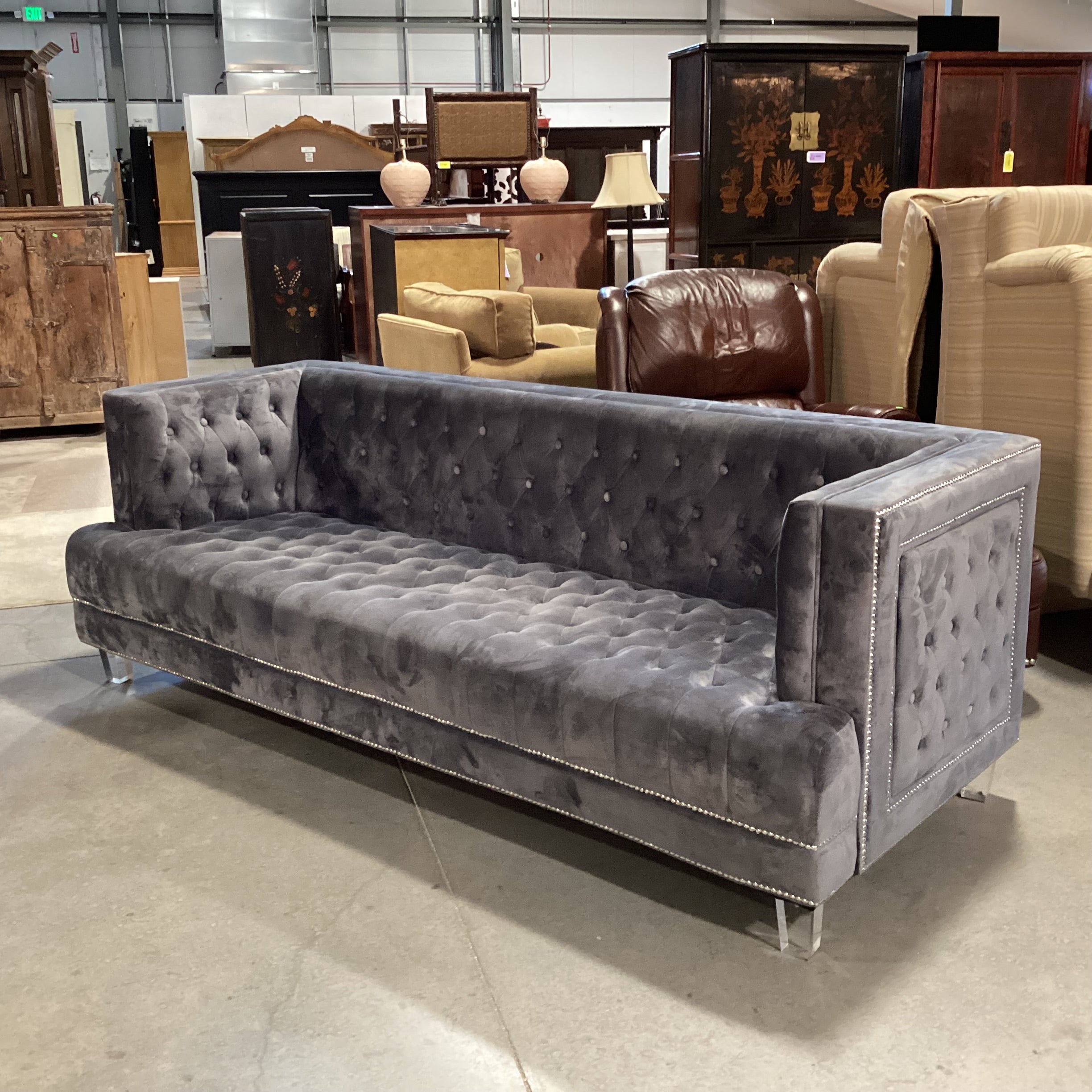 Grey Button Tufted Velvet with Nailhead & Acrylic Feet Sofa 88"x 36"x 31"