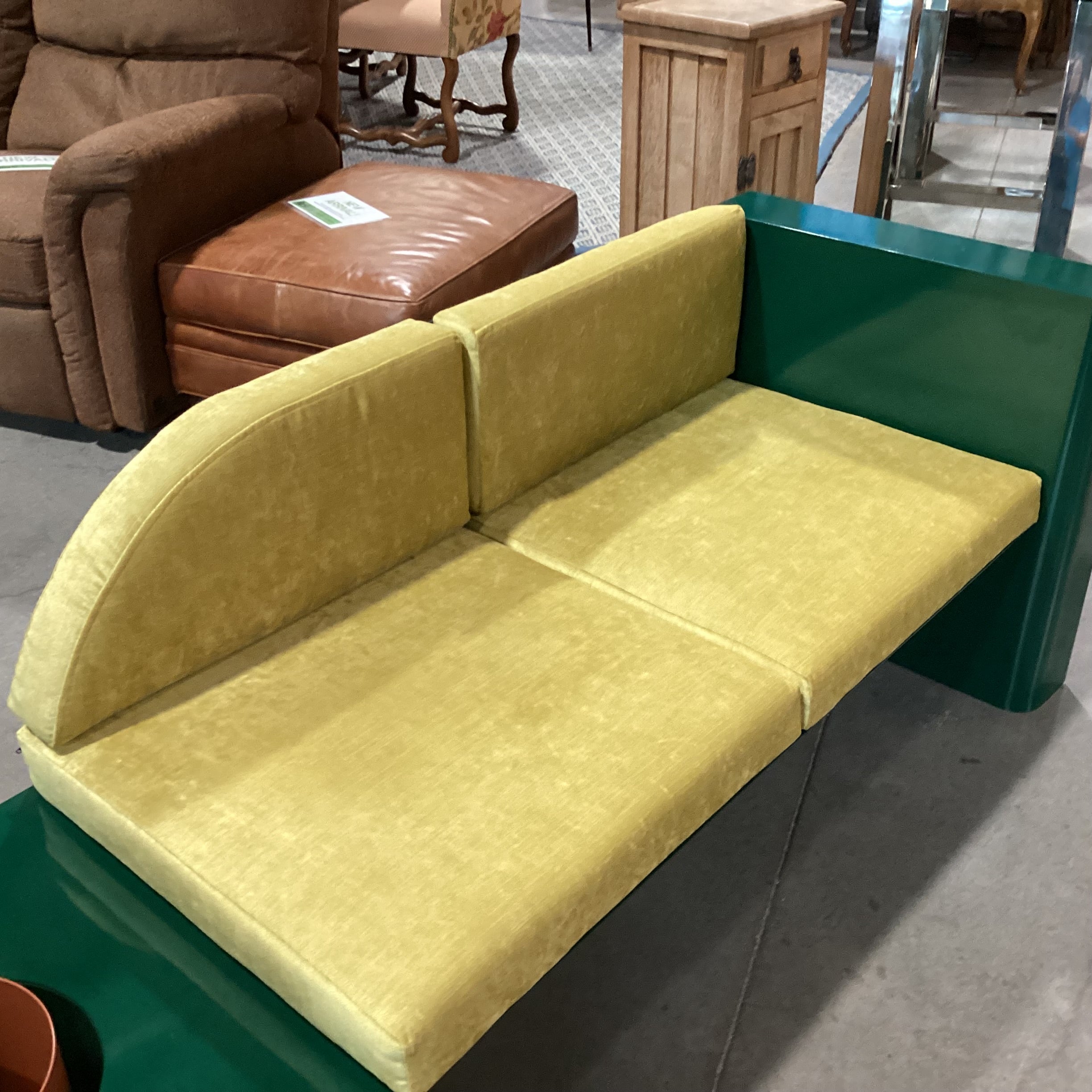 Maxim Scherbakov for Supaform Disused Collection Powder Coated Steel & Yellow Velvet Cushions Bench Sofa 72"x 26"x 28"