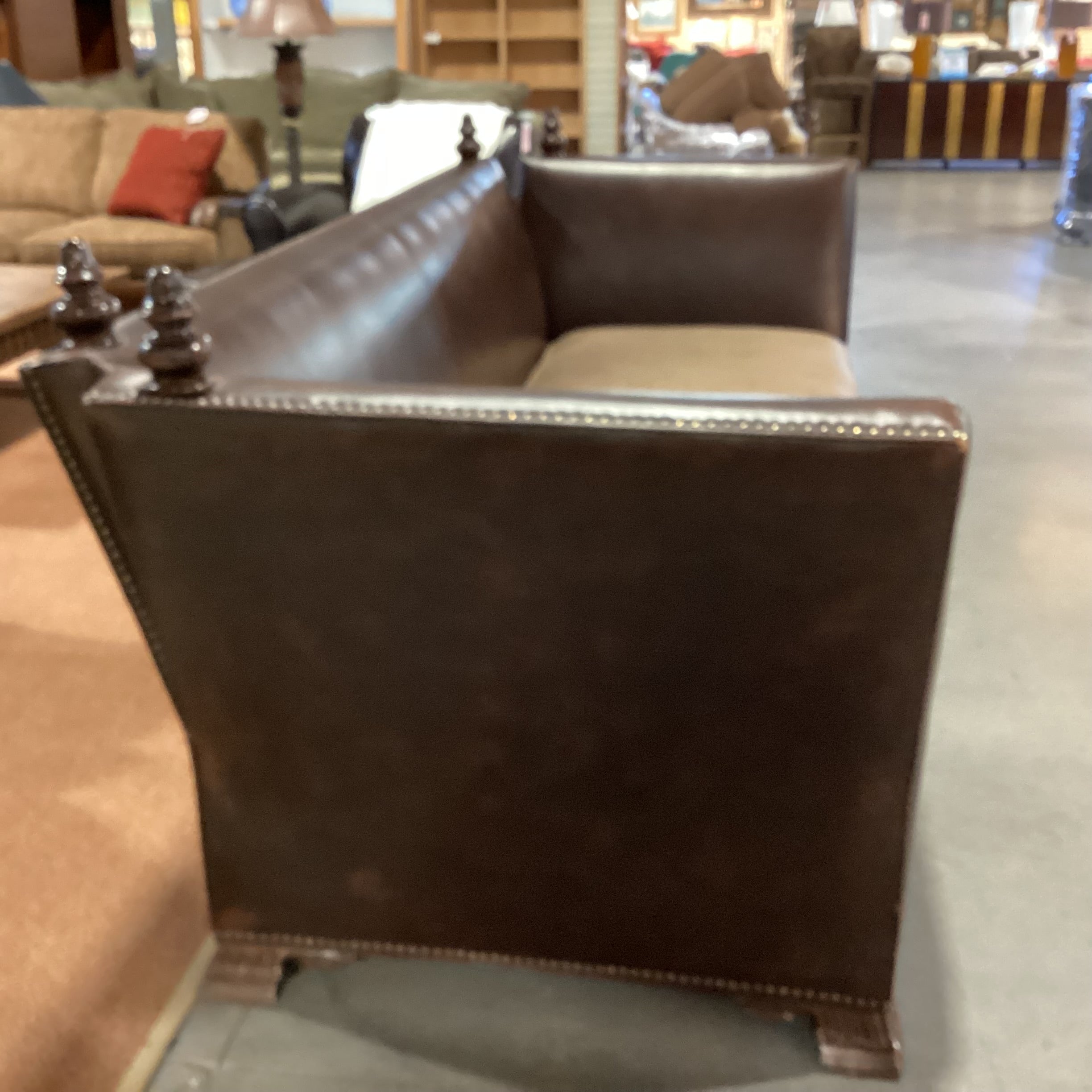 Knole House Style Leather Nailhead High Back & Wool Down with Ornate Finial Sofa 110"x 45"x 43"