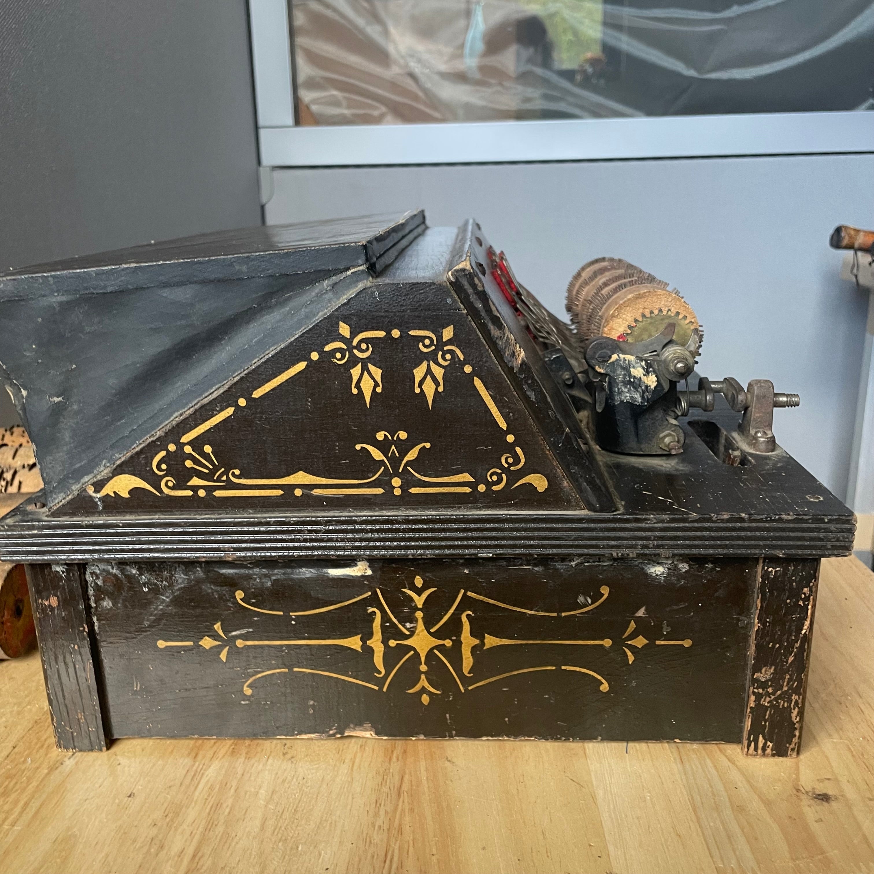 Antique 1887 Black Wood/Metal Gold Stenciled The Gem Roller Organ Made by Autophone Co NY