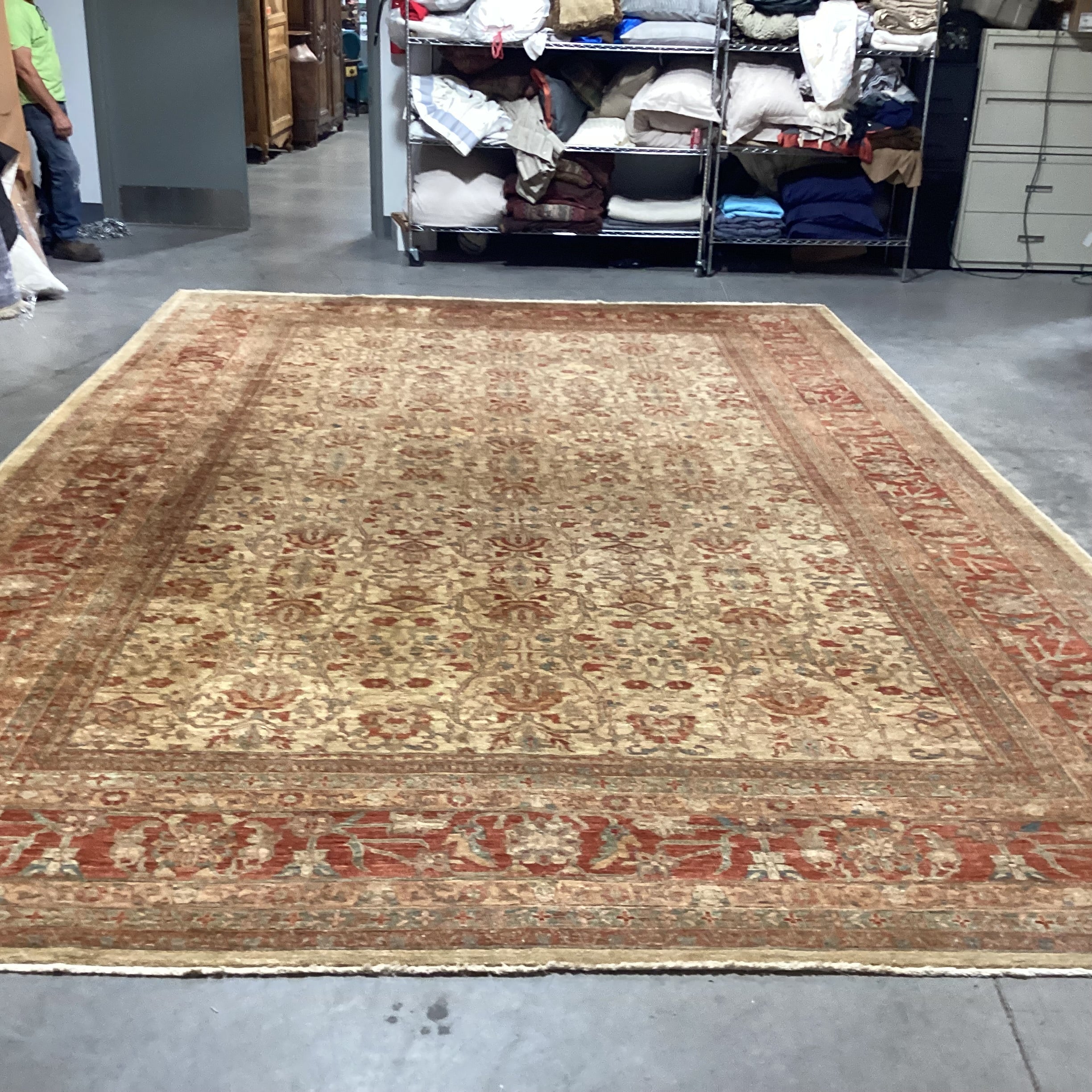 Golden Tan Rust & Blue Hand Woven Wool Rug 12'x 18'