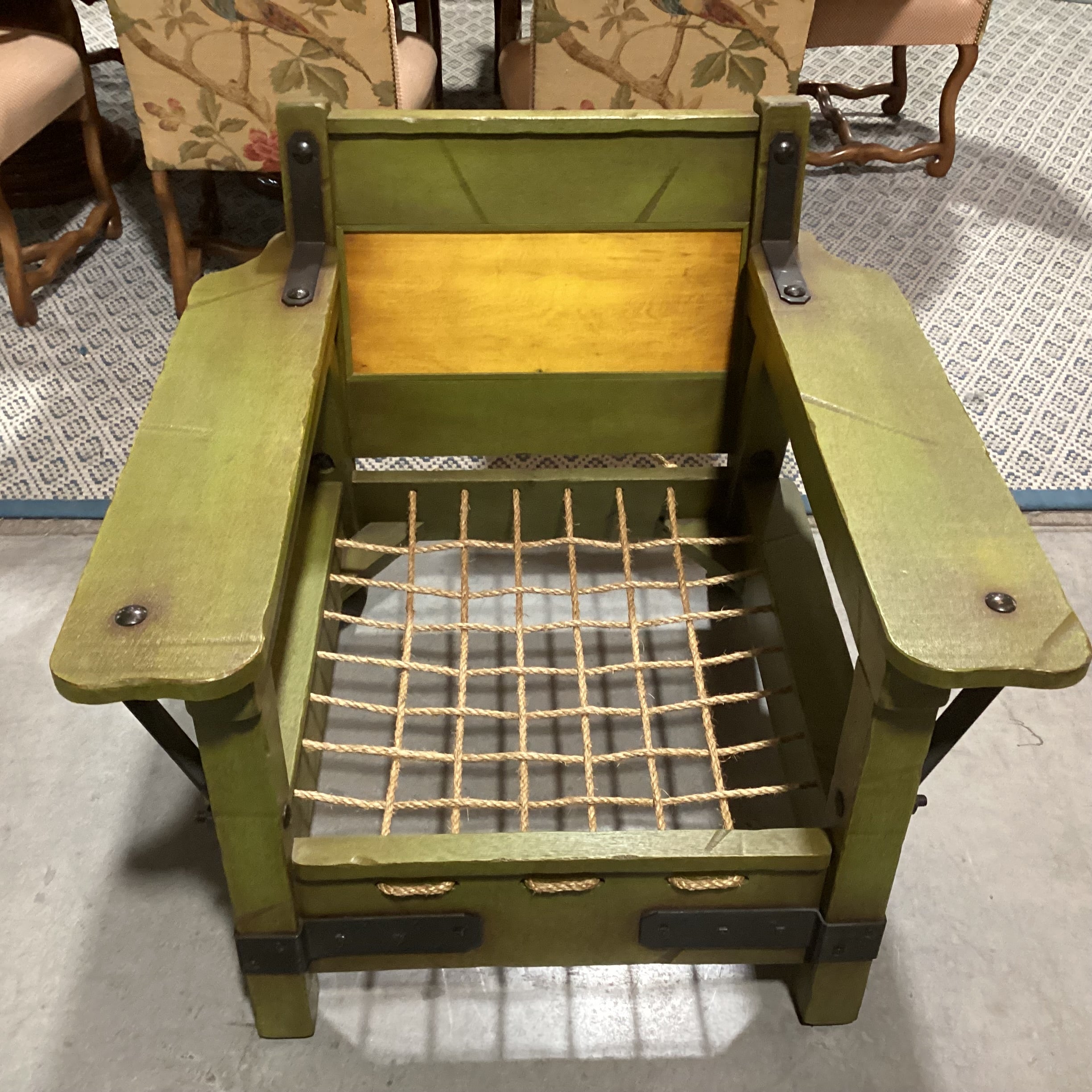 Art in Fine Forms Custom Spanish Green Alder Iron & Rope Leather Cushions with Ottoman Chair 35"x 36" 31"