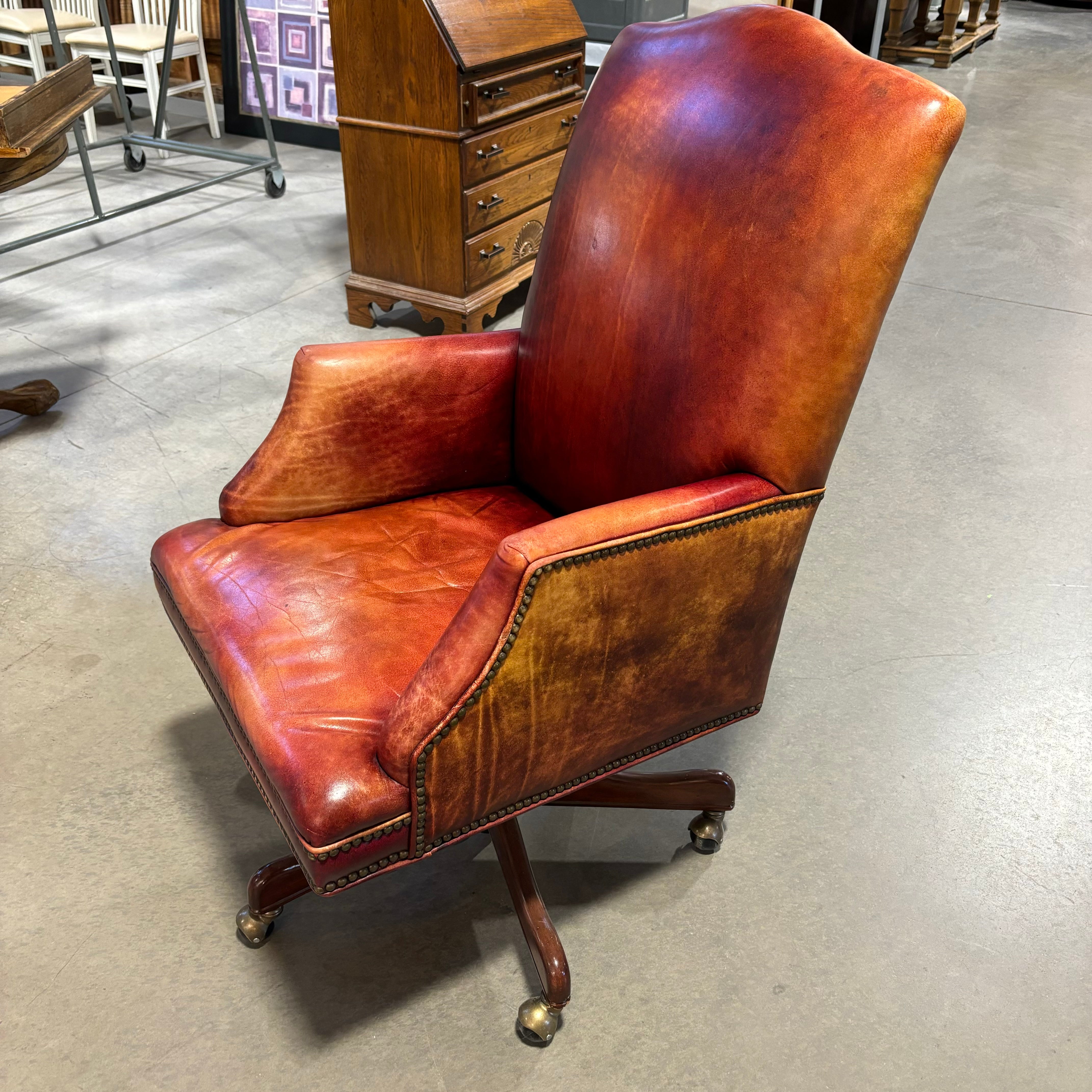 Hooker Furniture Rust Leather Nailhead with Dark Finished Wood Base Executive Office Chair 25"x 31"x 44"